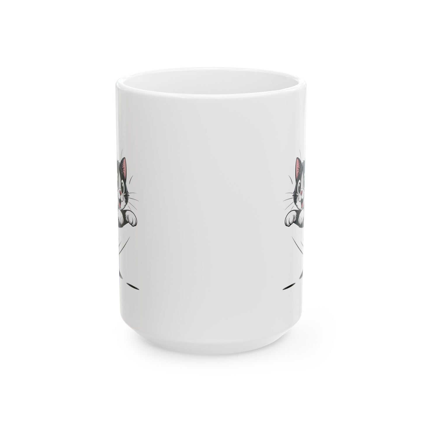 Cute Cat Coffee Mug  Ceramic – Playful Jumping Tuxedo Kitten Design – Cat Lover Gift – by Lair Gadgets