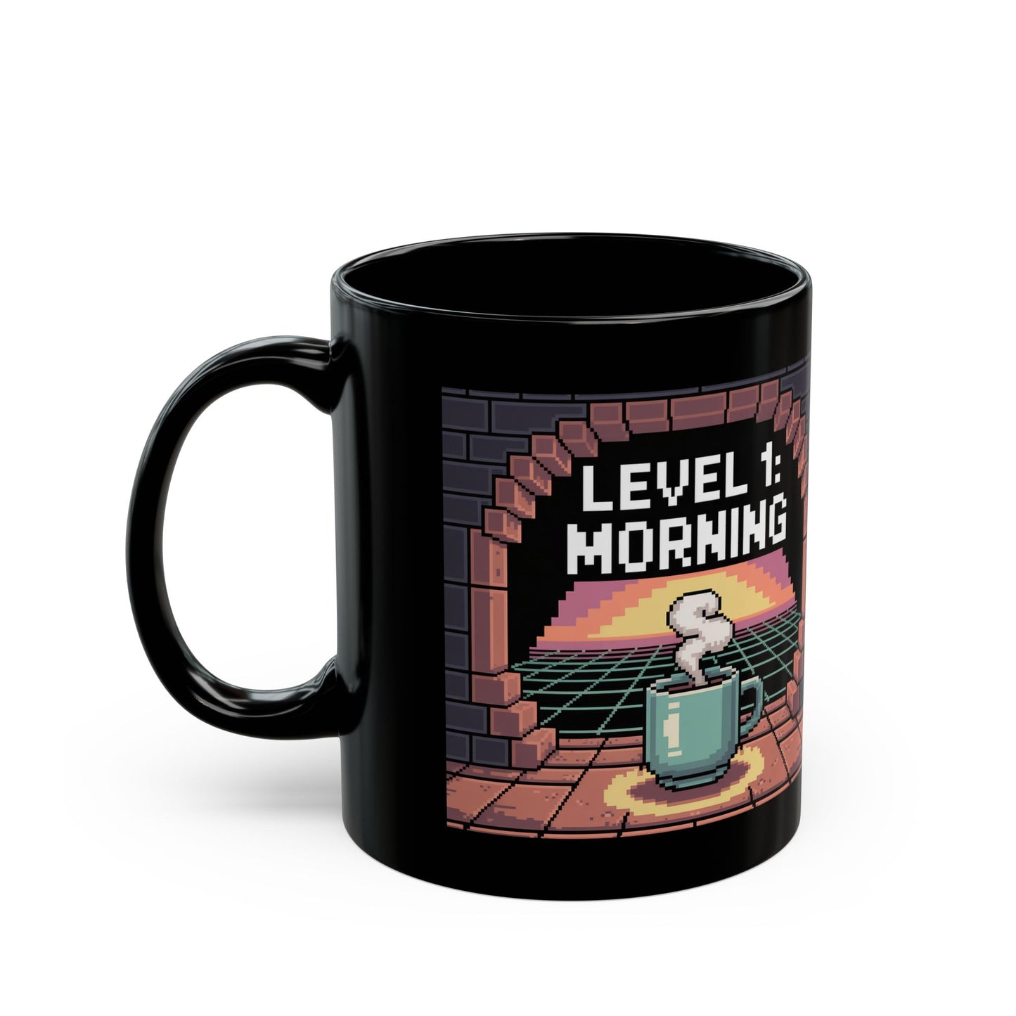 Retro Gamer Coffee Mug – Level 1 Morning Pixel Art Design – Black Ceramic – Funny Video Game Gift- B0GR2P8VNW