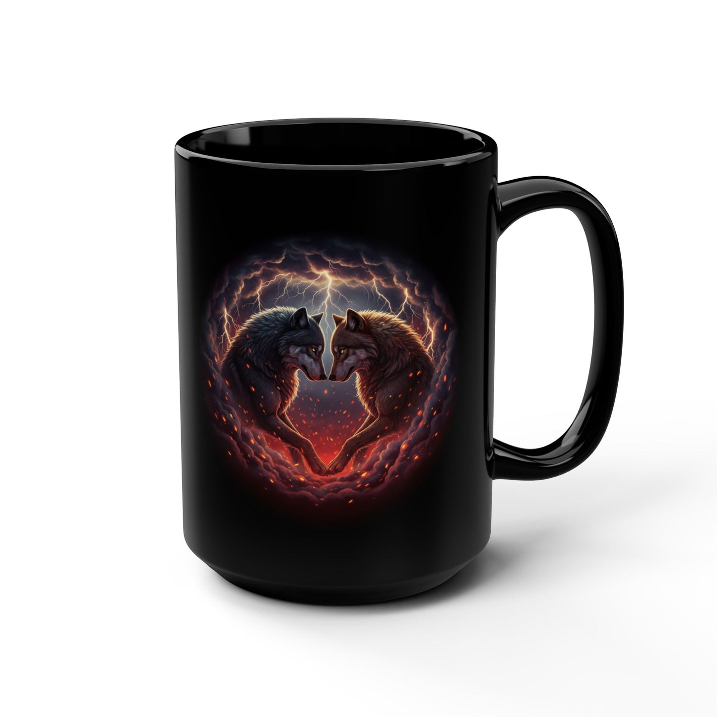 15oz Black Mug Fiery Cosmic Wolf Heart - Score 96