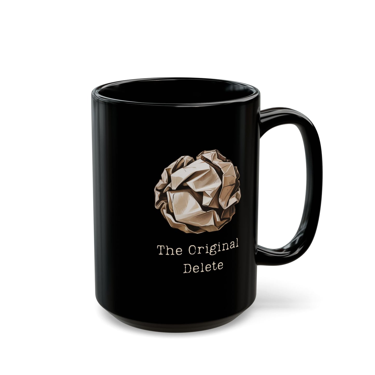 96 - Black Ceramic Mug — "The Original Delete" Crumpled Paper Design 15oz