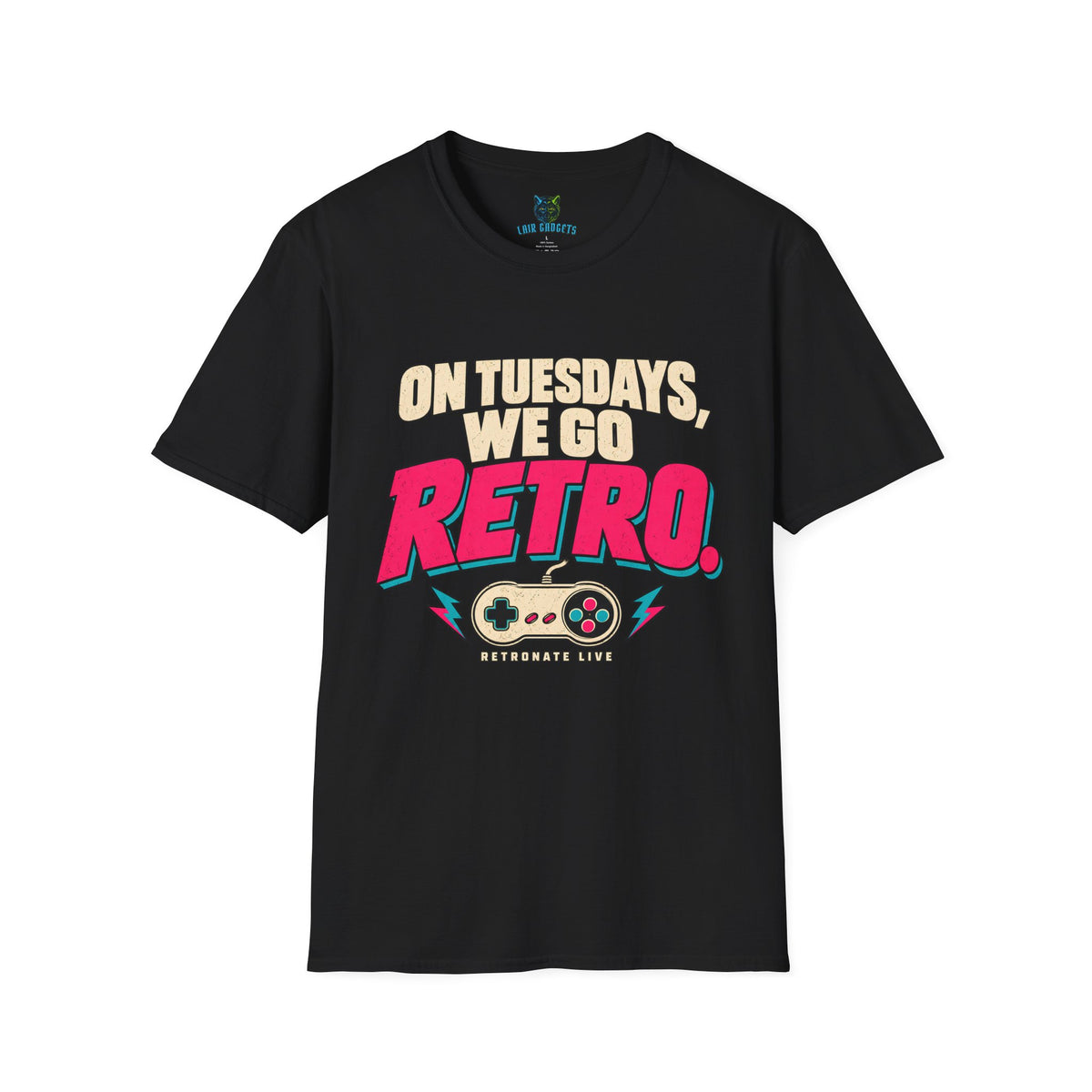 Black t-shirt with On Tuesdays We Go Retro RetroNate game controller graphic