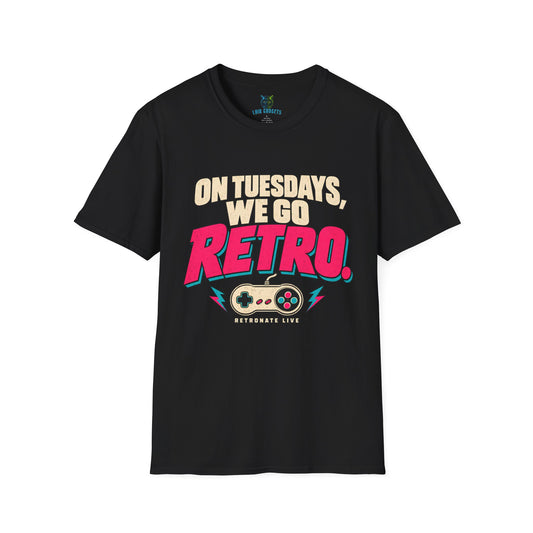 Black t-shirt with On Tuesdays We Go Retro RetroNate game controller graphic