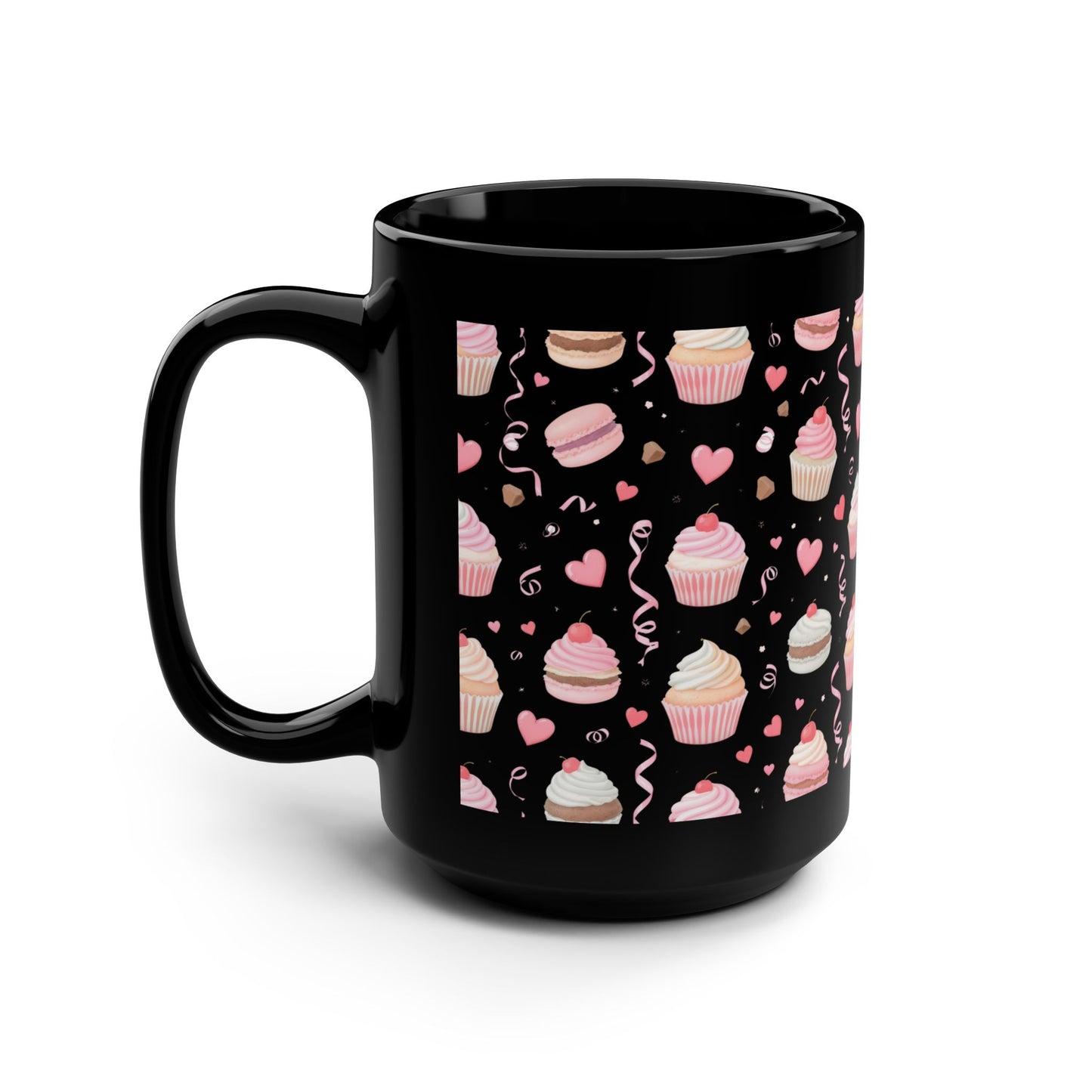 Cupcake Pattern Black Mug, 15oz — Score 79