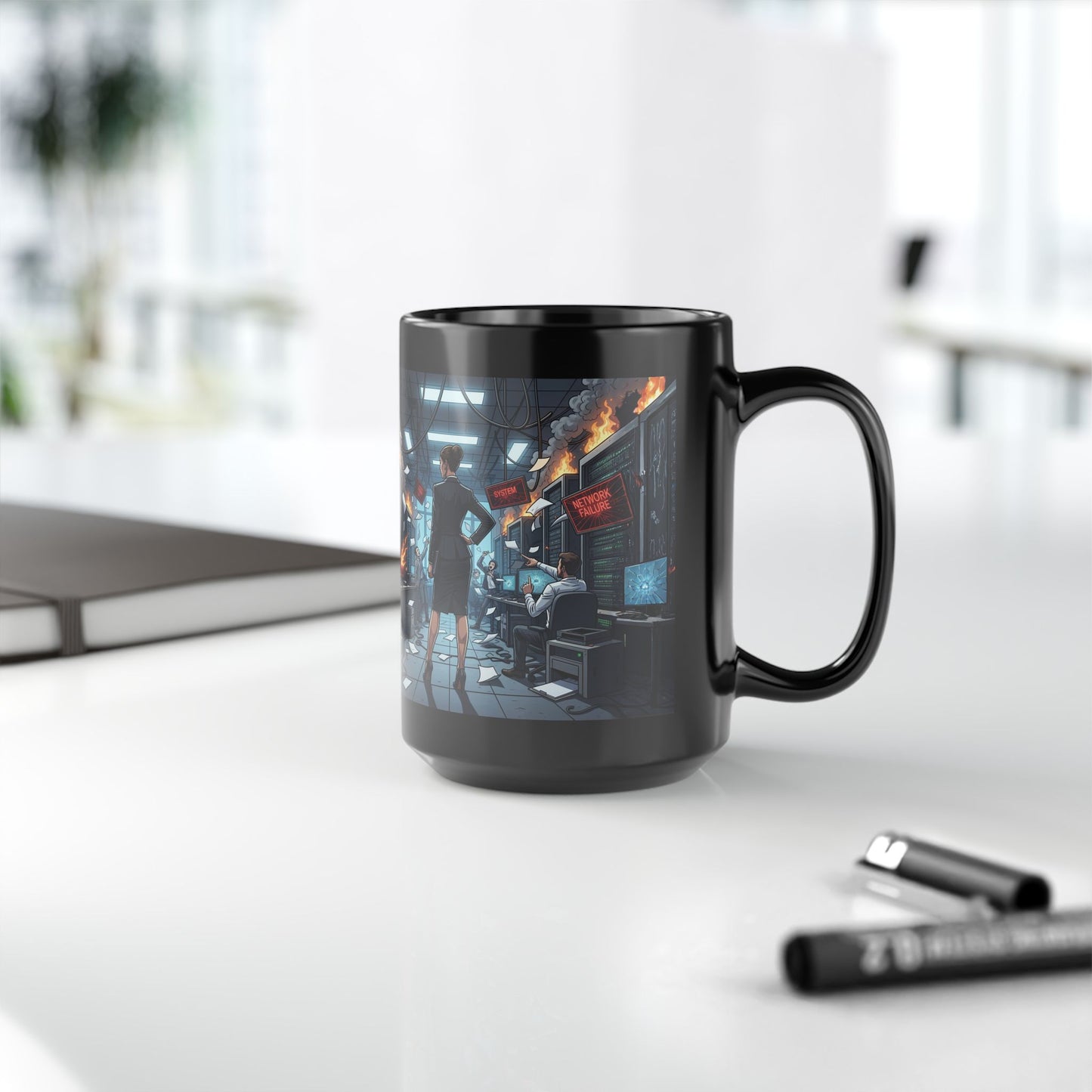 Black Mug — "Female Executive" Control Room System Down Design (11oz, 15oz)