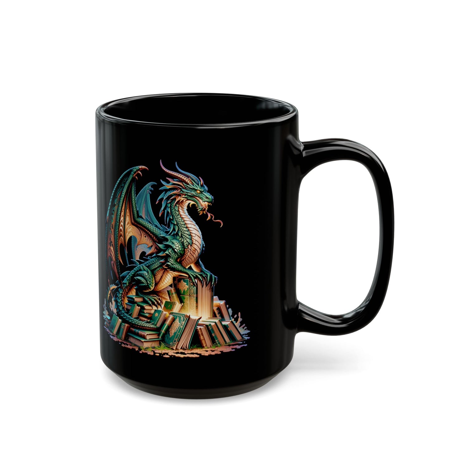 Green Dragon Book Pile Black Mug (11oz, 15oz)