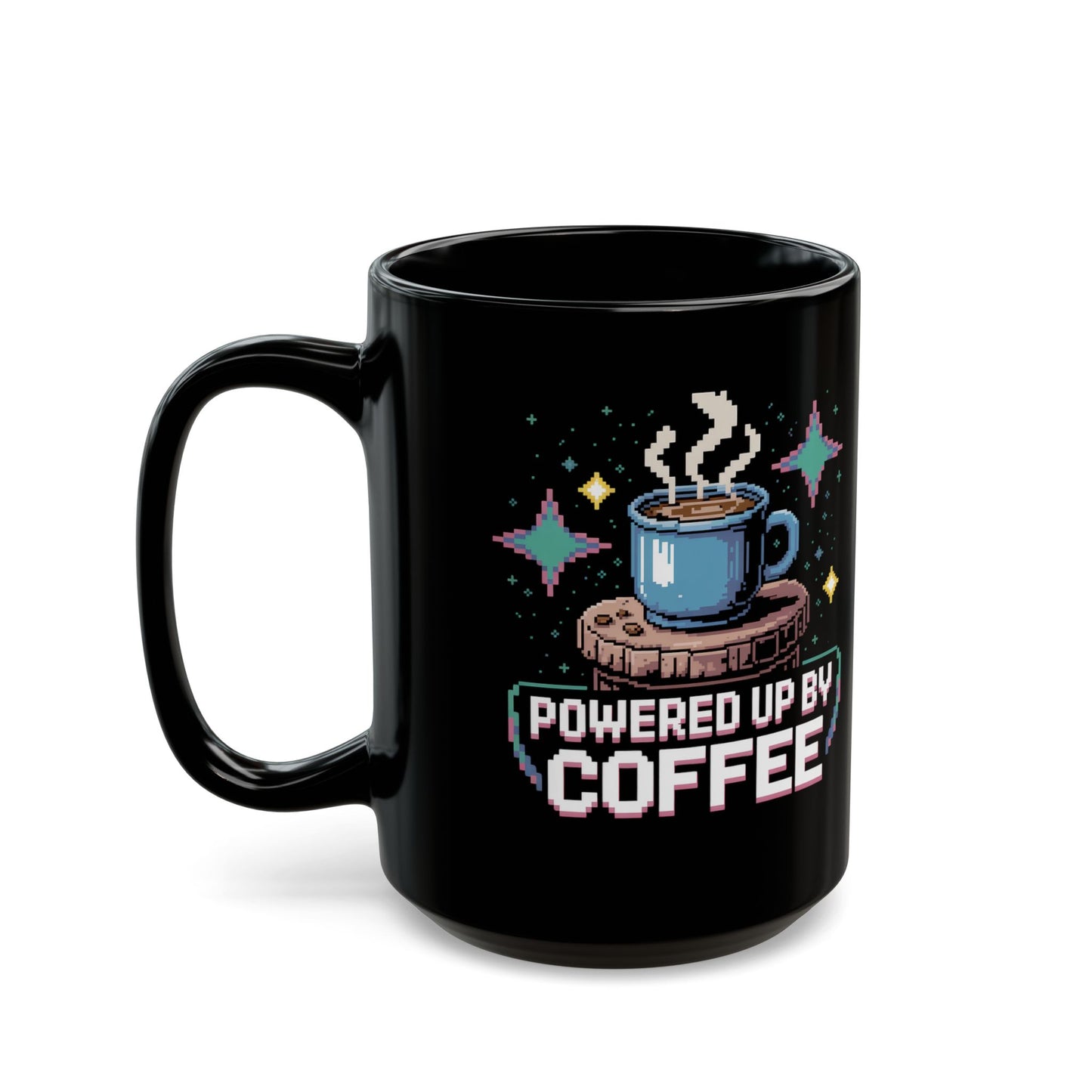 Retro Gamer Coffee Mug – Powered Up By Coffee – 15oz Black Ceramic – Pixel Art Video Game Gift