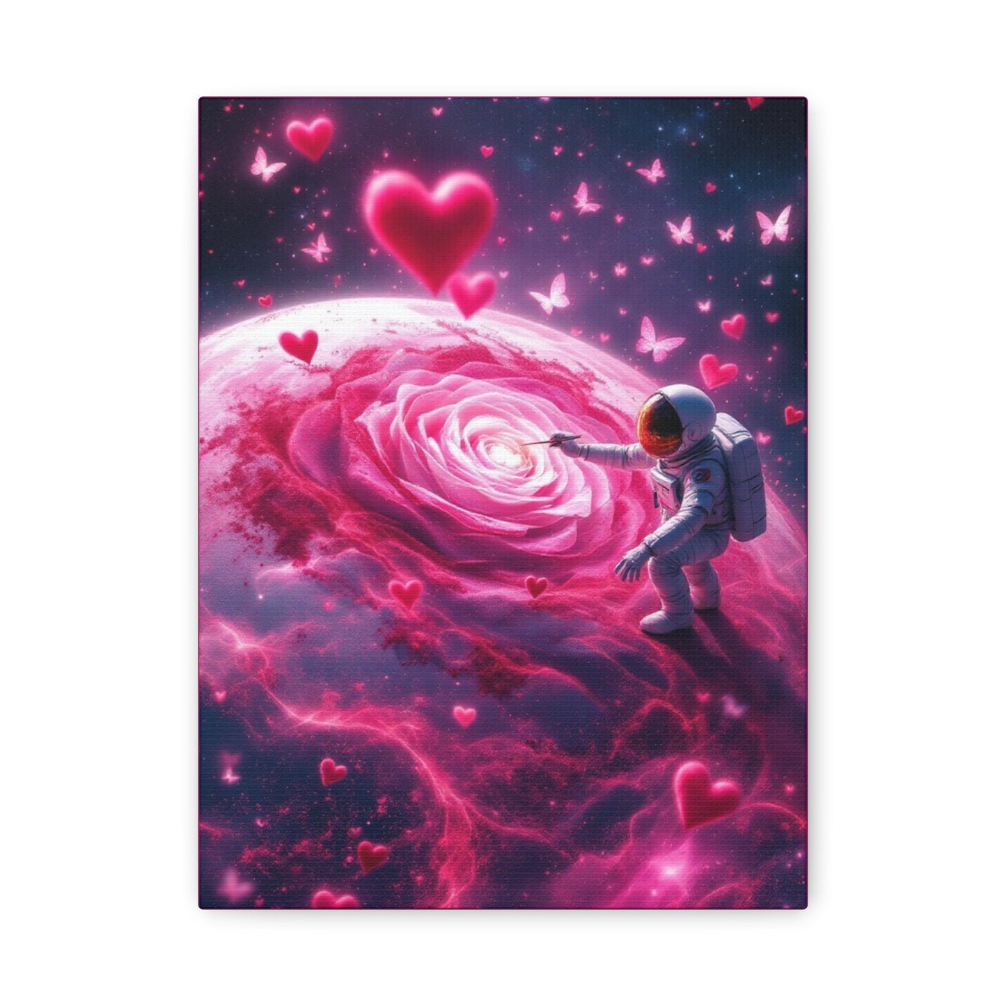 Cosmic Love Matte Canvas, Vibrant Astronaut with Rose Art for Romantic Home Decor, Perfect Valentine’s Day Gift