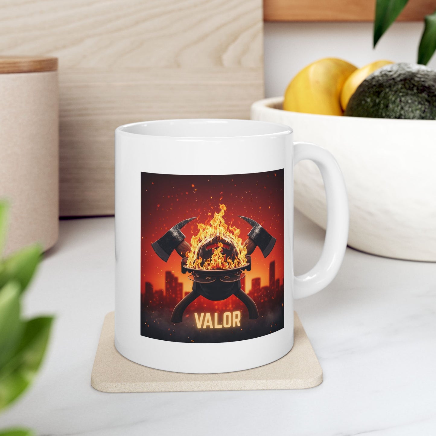 Firefighter Valor Mug, Fiery Helmet, Ax Illustration, Cityscape, Firefighter Gift, Heroic, Inspirational, Coffee Mug, Tea Cup