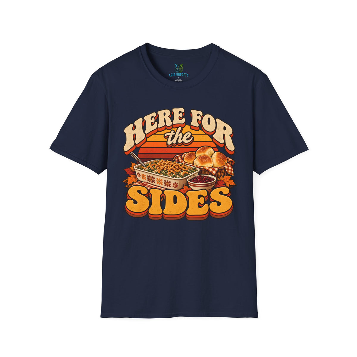 Navy funny Thanksgiving tee with Here for the Sides lettering and striped 70s sunset