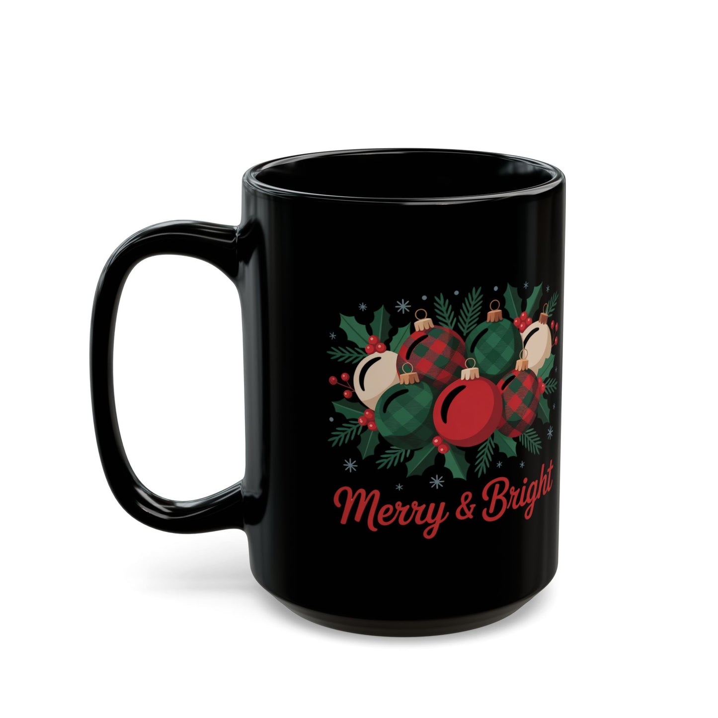Merry & Bright Holiday Mug by Lair Gadgets – 15 oz Black Ceramic Coffee Cup with Christmas Ornament and Holly Design