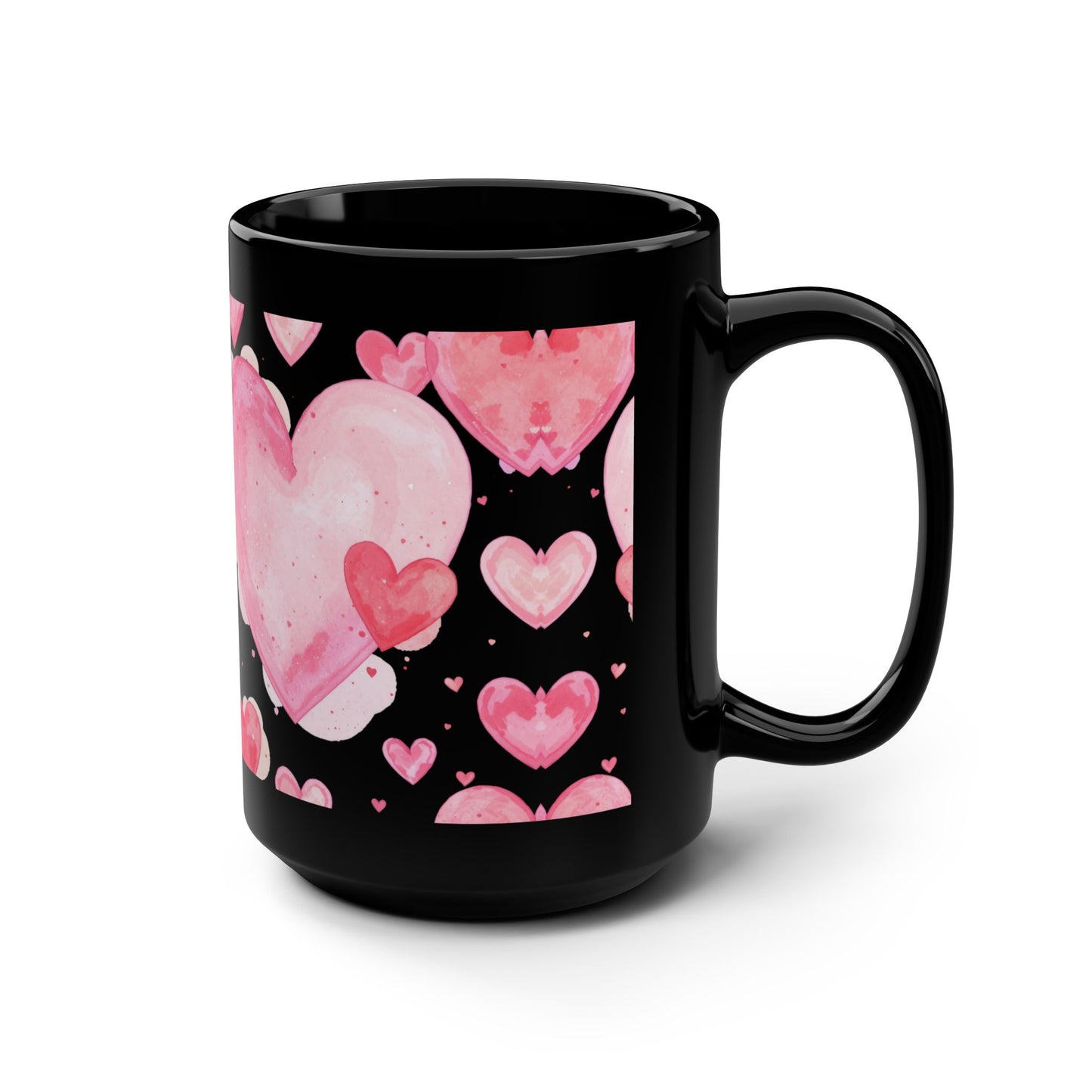15oz Black Mug — Pink Watercolor Hearts Pattern -Score 89