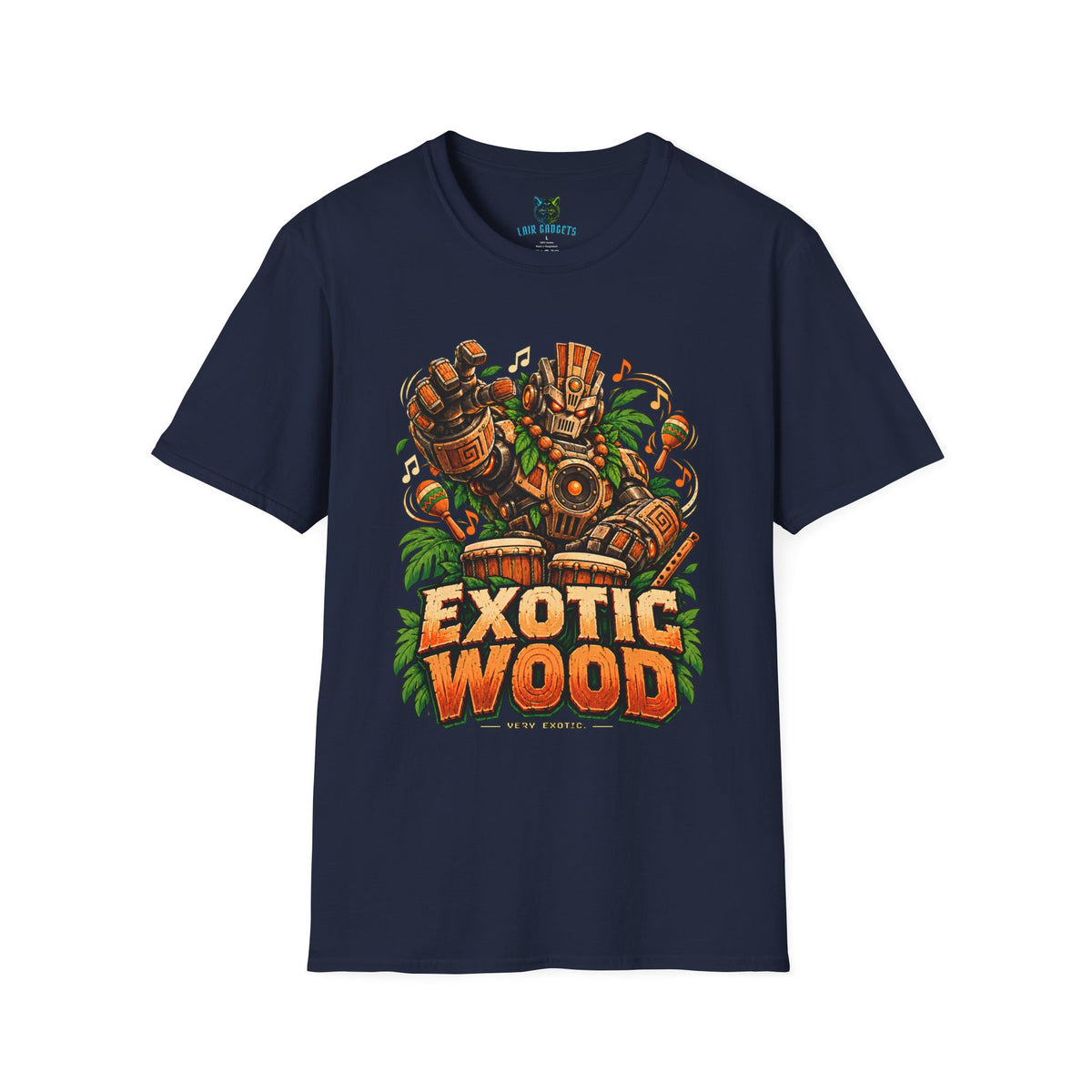 Navy retro gaming t-shirt with tiki robot playing bongo drums and Exotic Wood graphic