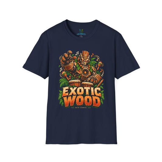 Navy retro gaming t-shirt with tiki robot playing bongo drums and Exotic Wood graphic