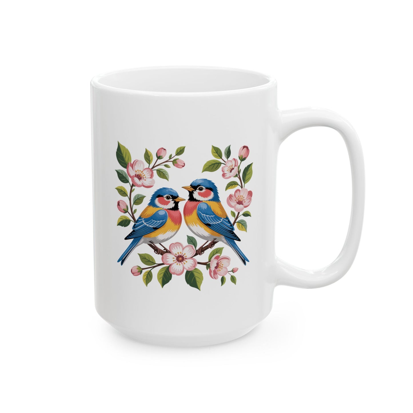 Bird Coffee Mug with Floral Illustration Design, Colorful Songbird Artwork, 15 oz White Ceramic Mug for Home or Office Use — by Lair Gadgets