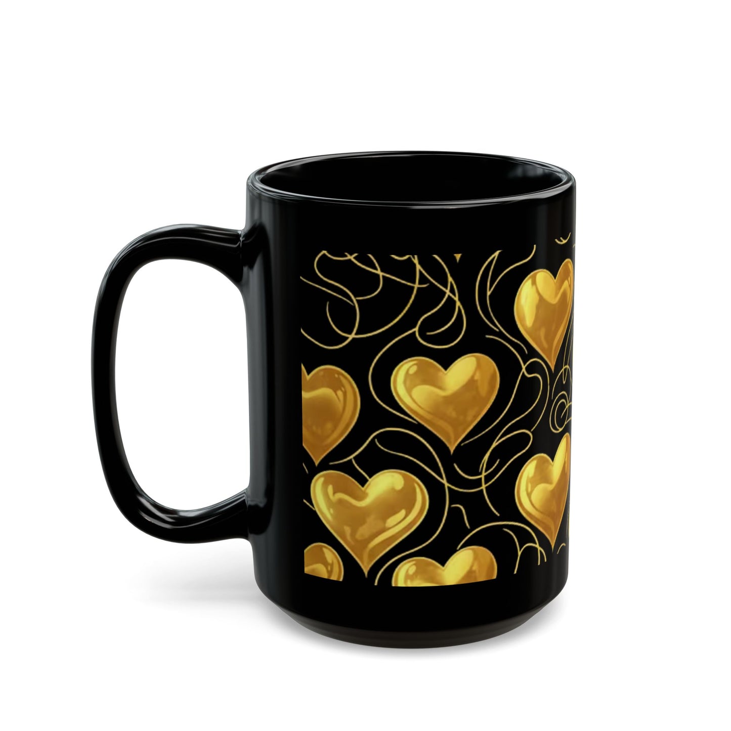 Black Coffee Mug with Gold Heart Pattern 15oz- Score 91