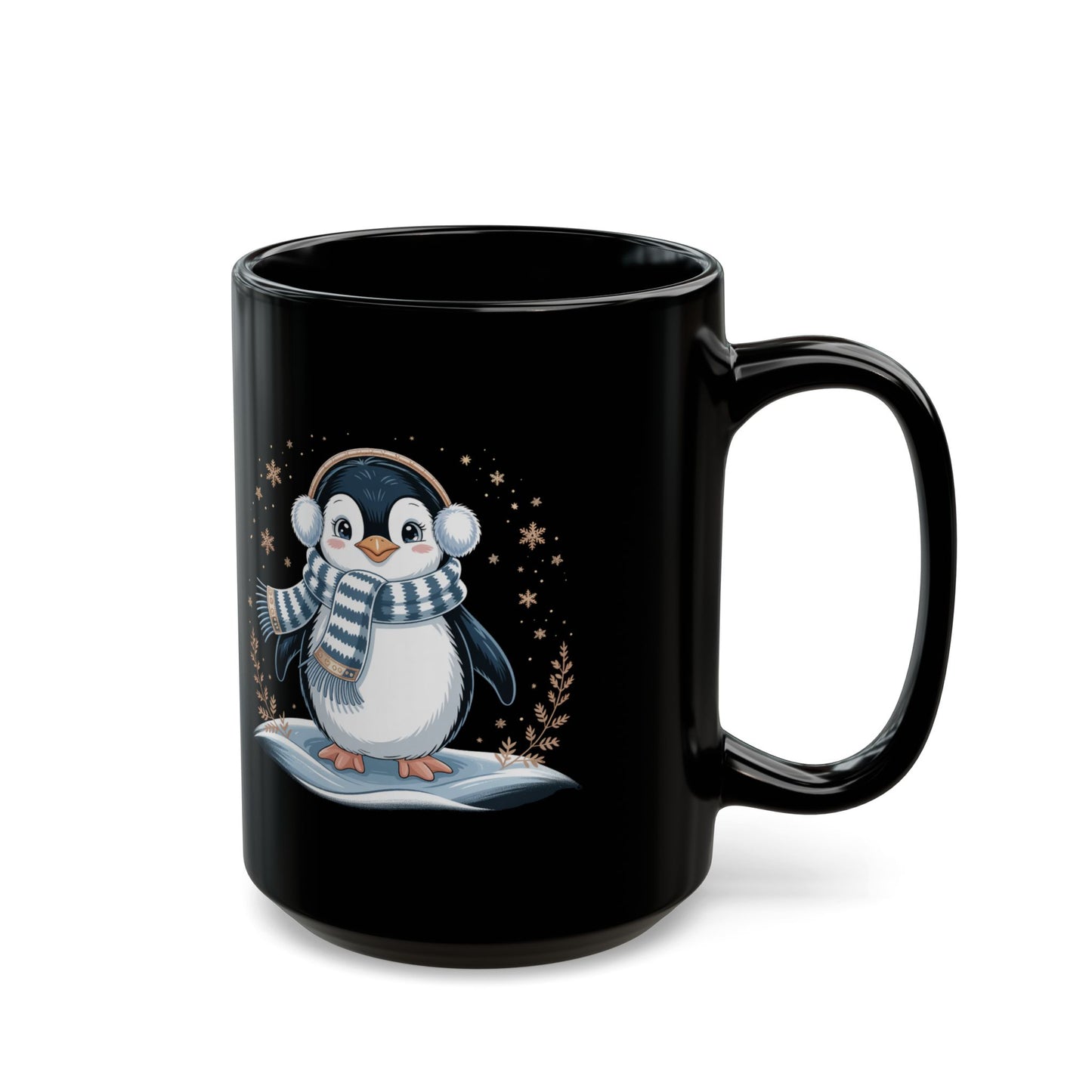 Winter Cheer Penguin Mug by Lair Gadgets – 15 oz Black Ceramic Coffee Cup with Cozy Holiday Penguin Design