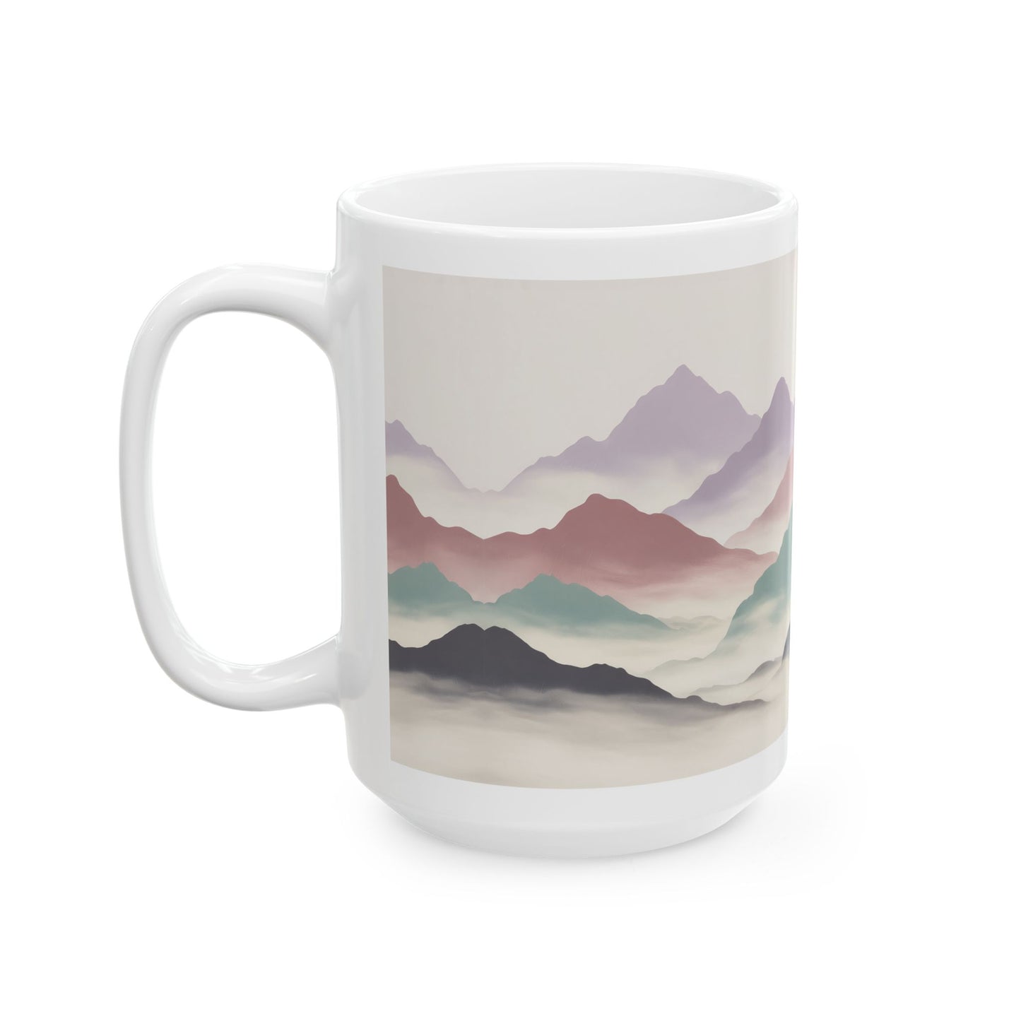 Calming Mountain Landscape Coffee Mug, Minimalist Nature Design, 15 oz White Ceramic Mug for Relaxing Mornings and Quiet Moments — by Lair Gadgets