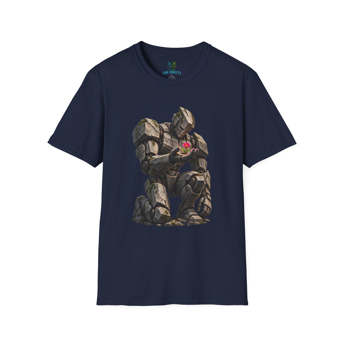 Navy t-shirt with stone giant holding a flower graphic