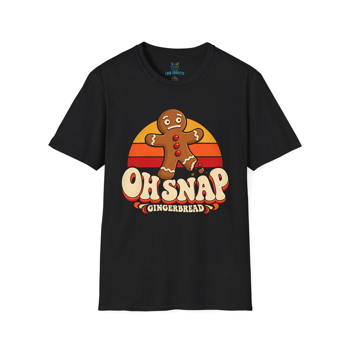 Snapped Gingerbread tee in Navy: a worried gingerbread man with a bitten leg in front of a retro 70s sunset, Gingerbread in bubble letters