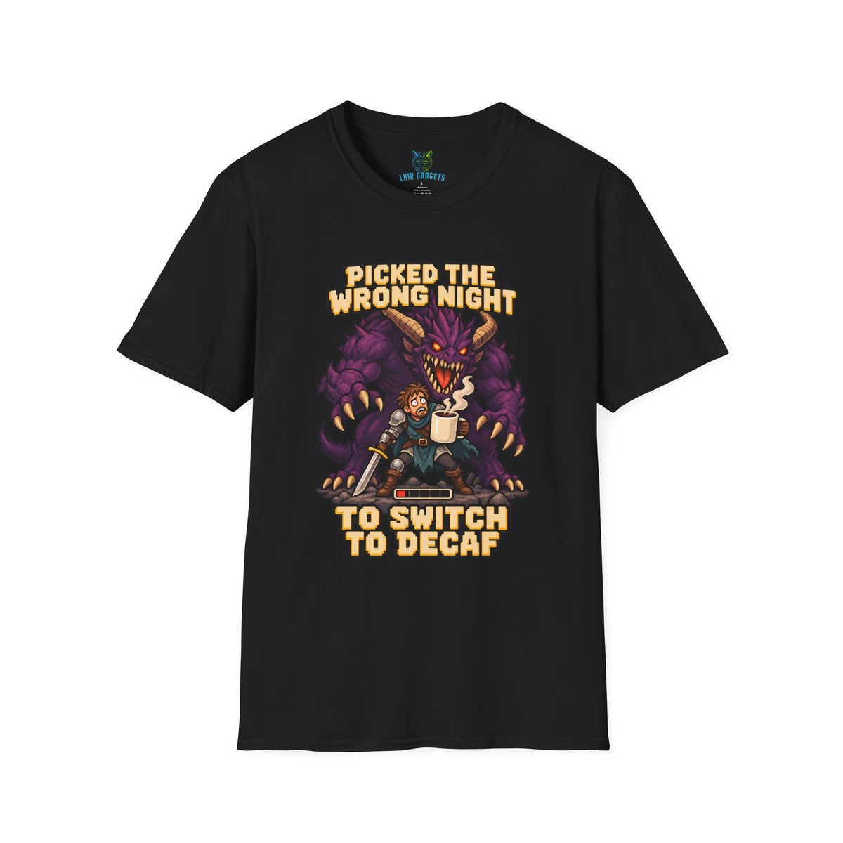 Black t-shirt with Picked the Wrong Night to Switch to Decaf pixel art dragon graphic