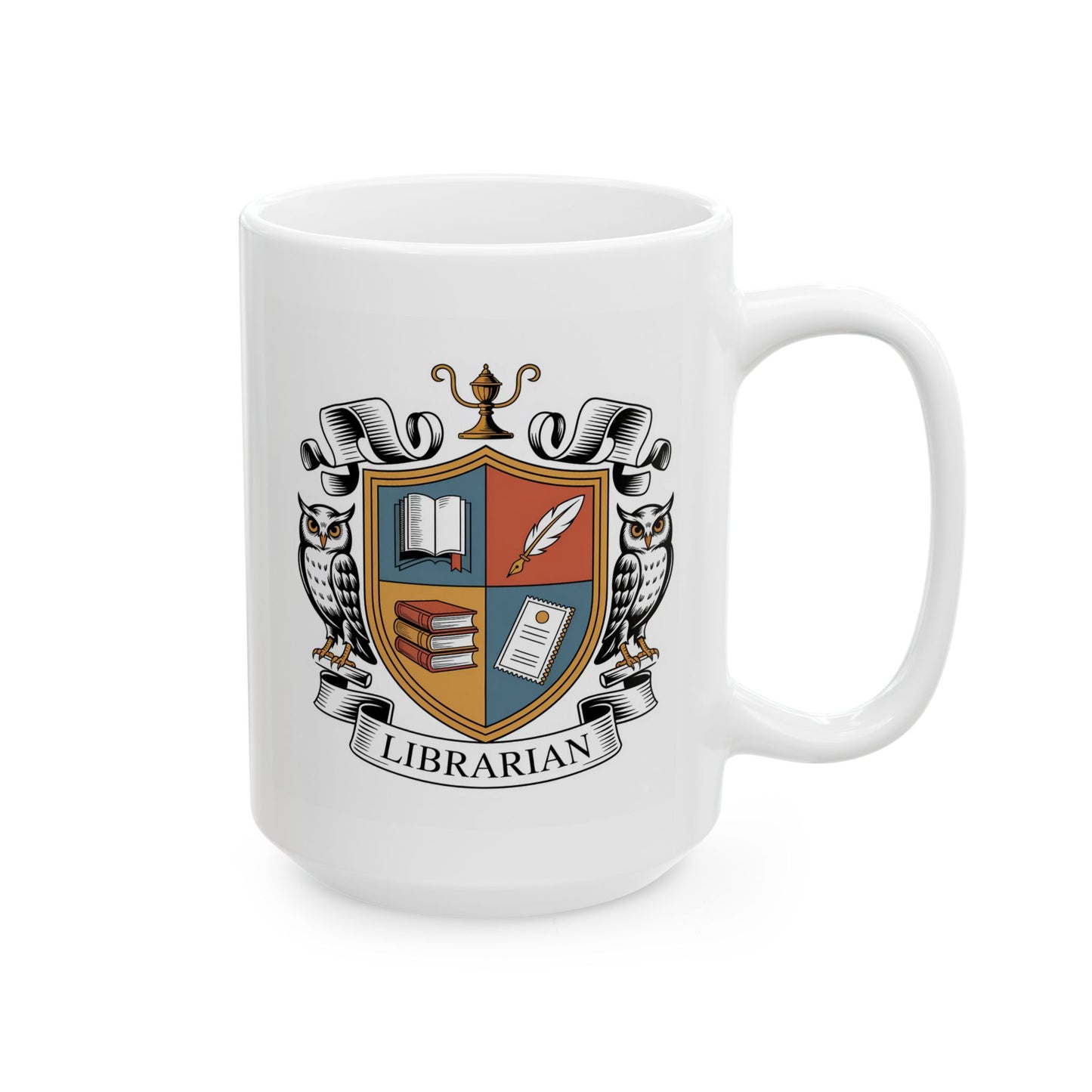 Librarian Crest Mug – Owl Heraldry Design for Librarians and Book Lovers, 15oz Ceramic Coffee Mug, by Lair Gadgets
