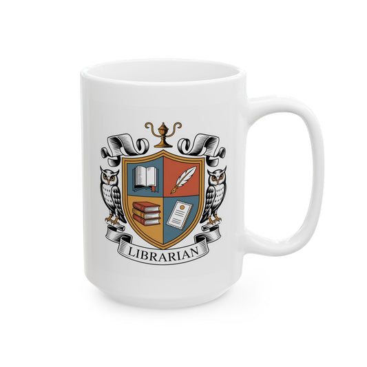Librarian Crest Mug – Owl Heraldry Design for Librarians and Book Lovers, 15oz Ceramic Coffee Mug, by Lair Gadgets