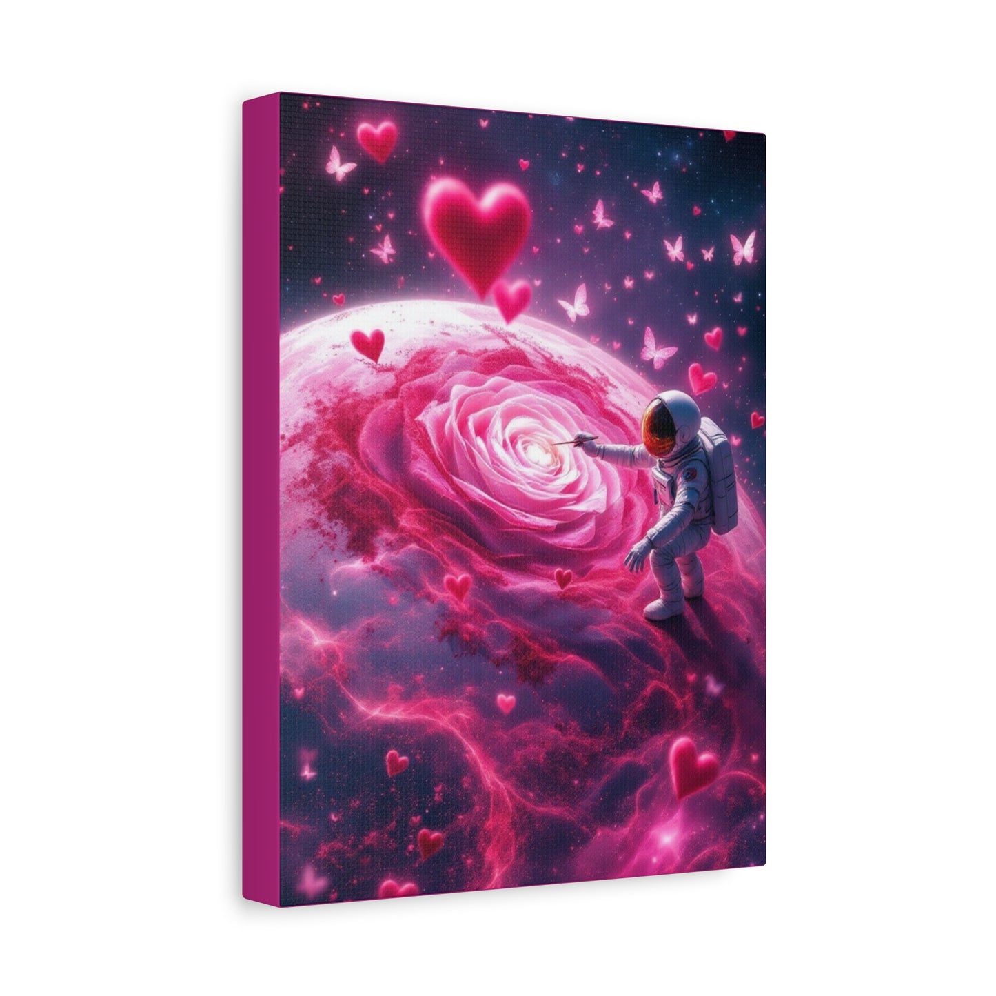 Cosmic Love Matte Canvas, Vibrant Astronaut with Rose Art for Romantic Home Decor, Perfect Valentine’s Day Gift