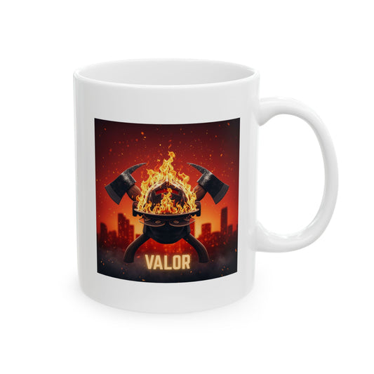 Firefighter Valor Mug, Fiery Helmet, Ax Illustration, Cityscape, Firefighter Gift, Heroic, Inspirational, Coffee Mug, Tea Cup