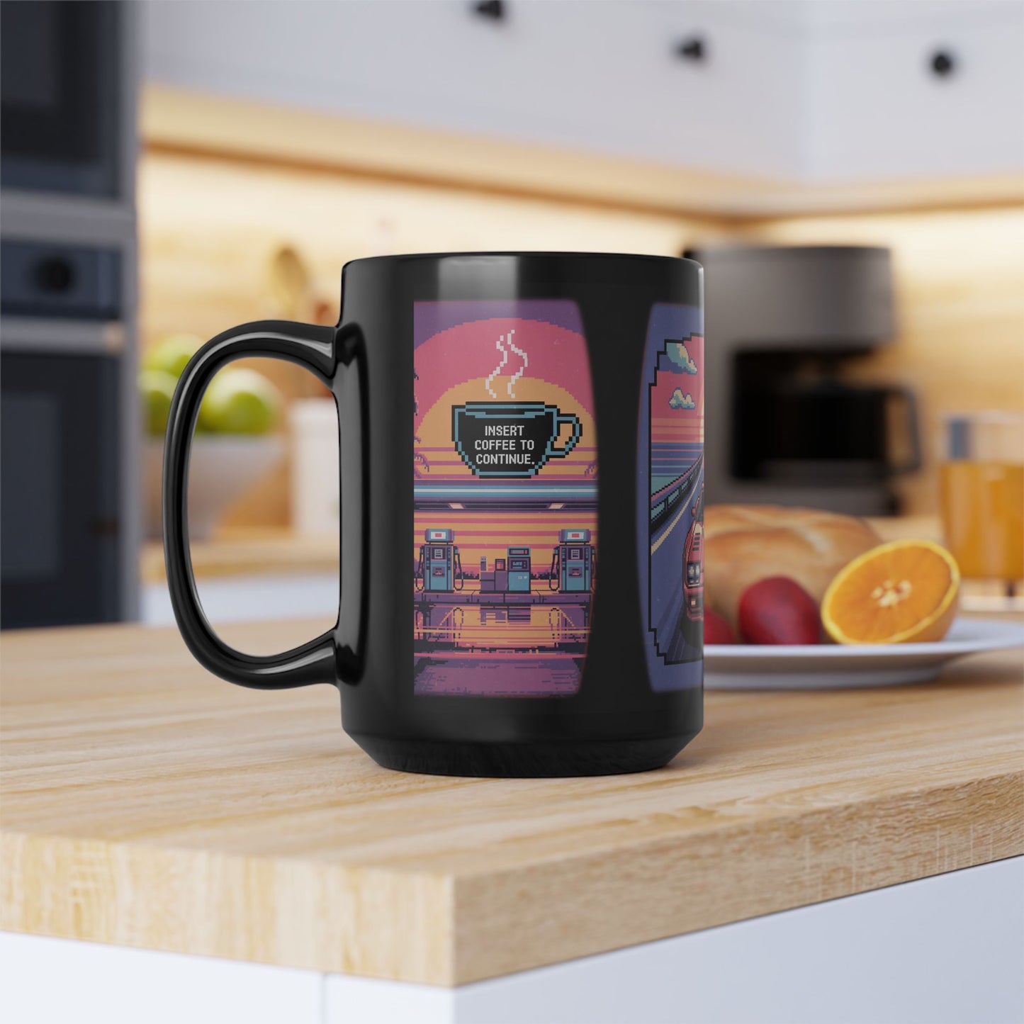 Retro Sunset Car Mug, 80s Aesthetic Coffee Cup, Vintage Car Lover Gift, Road Trip Funware, Perfect for Gamers and Nostalgia Seekers