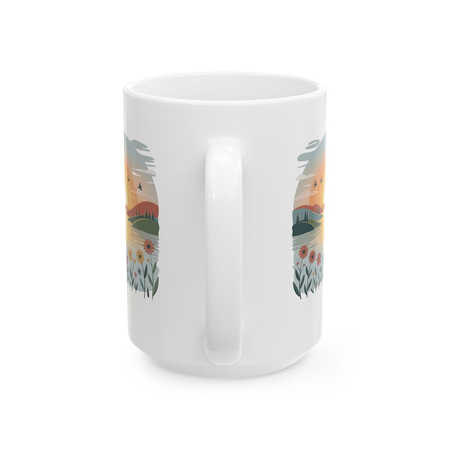 Sunrise Landscape Ceramic Coffee Mug 15 oz – Calm Nature Illustration for Mindfulness, Therapy Office, and Daily Self Care Rituals by Lair Gadgets