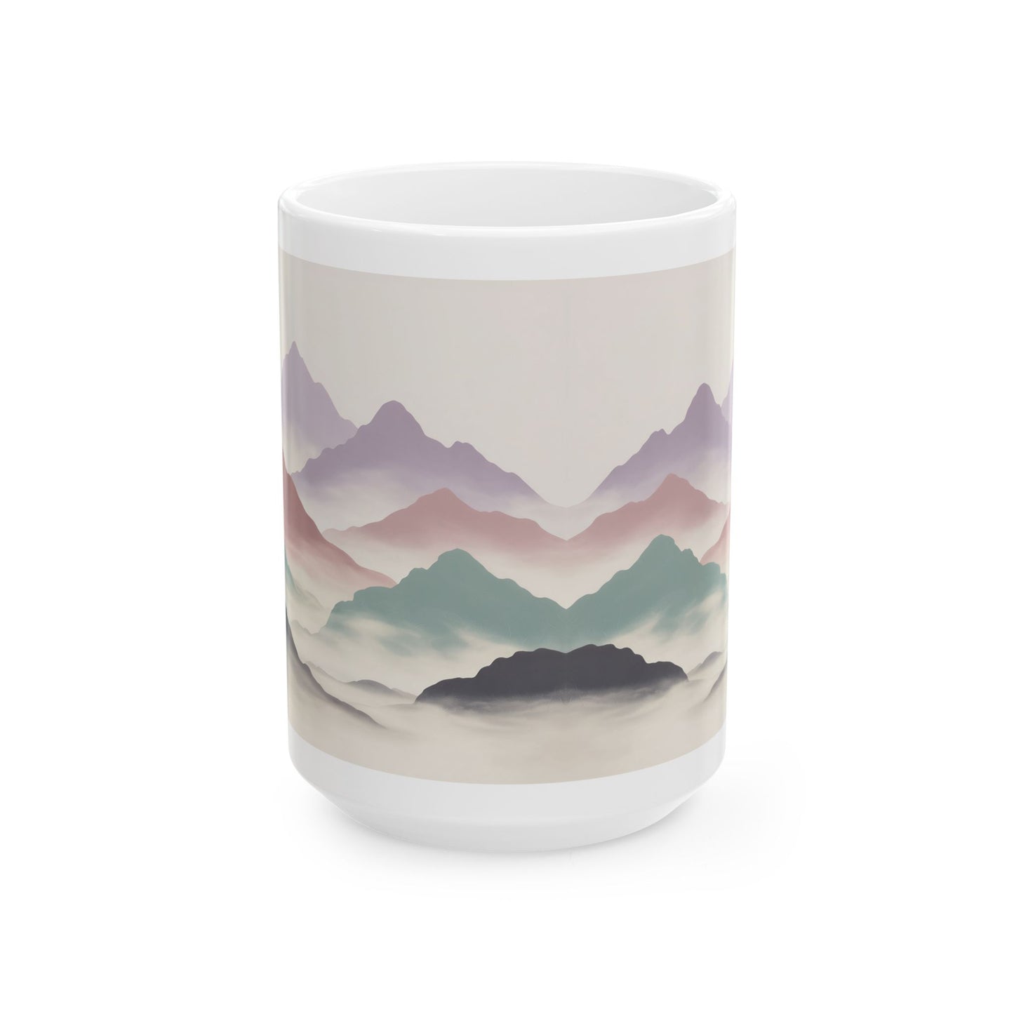Calming Mountain Landscape Coffee Mug, Minimalist Nature Design, 15 oz White Ceramic Mug for Relaxing Mornings and Quiet Moments — by Lair Gadgets