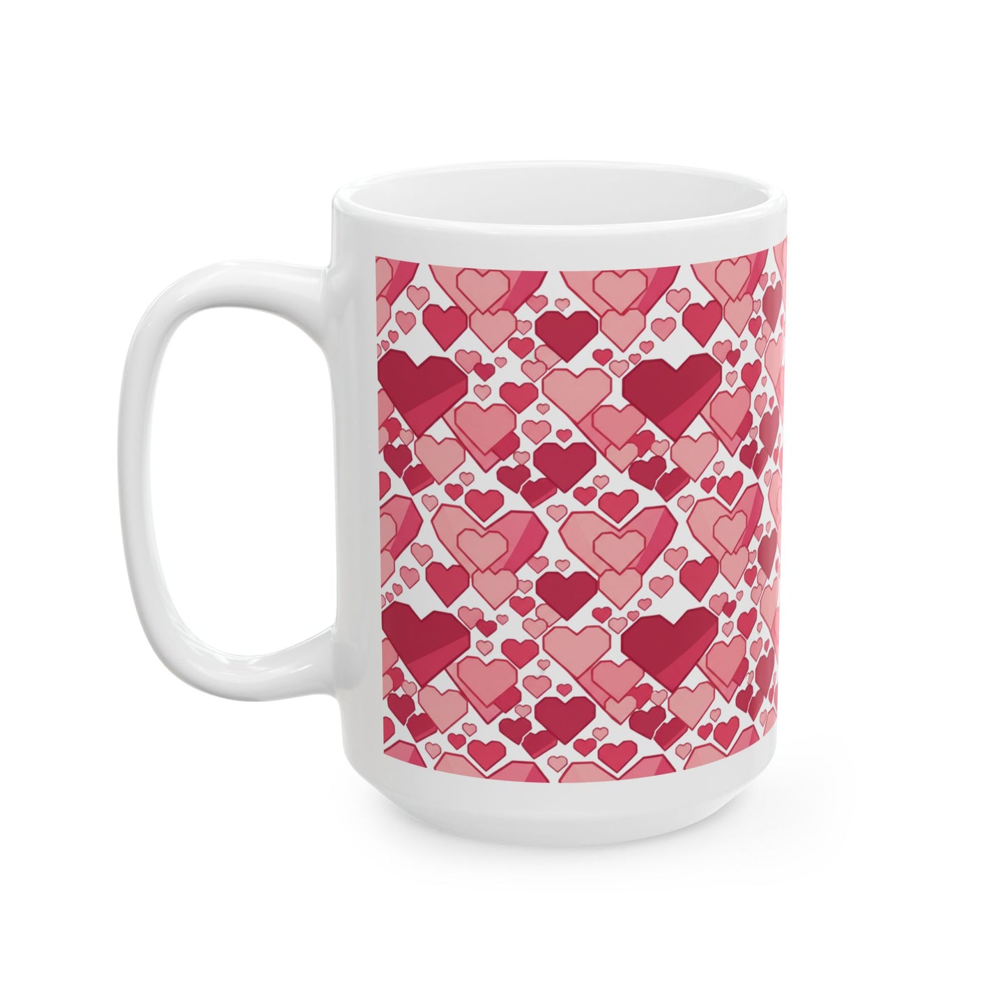 Valentine Coffee Mug with Pink and Red Heart Pattern, 15 oz White Ceramic Coffee Mug, Classic All-Over Heart Design Gift Mug — Sweetheart Hearts