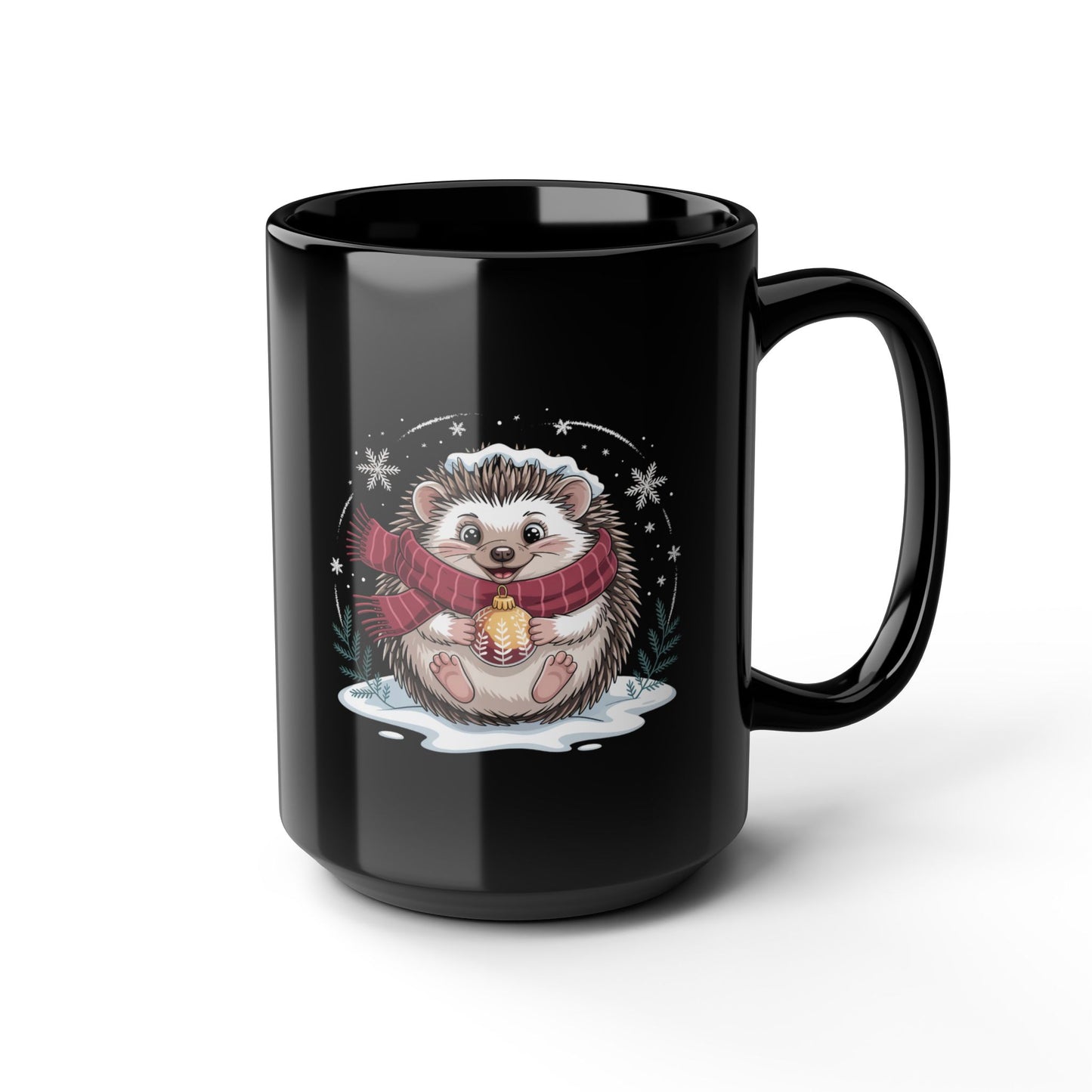 Cozy Glow Hedgehog Mug by Lair Gadgets – 15 oz Black Ceramic Coffee Cup with Festive Winter Hedgehog Design