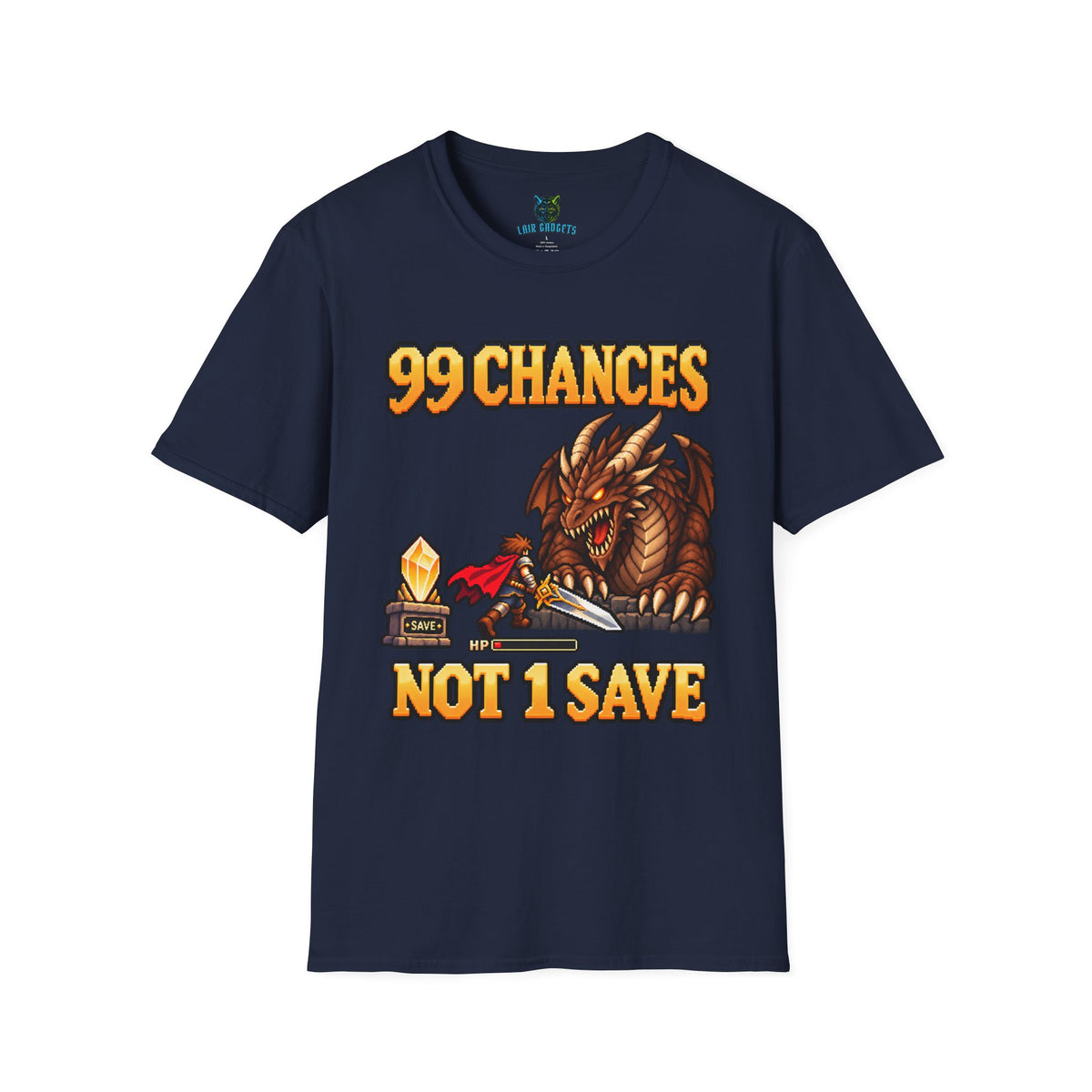 Navy t-shirt with 99 Chances Not 1 Save retro pixel art dragon graphic