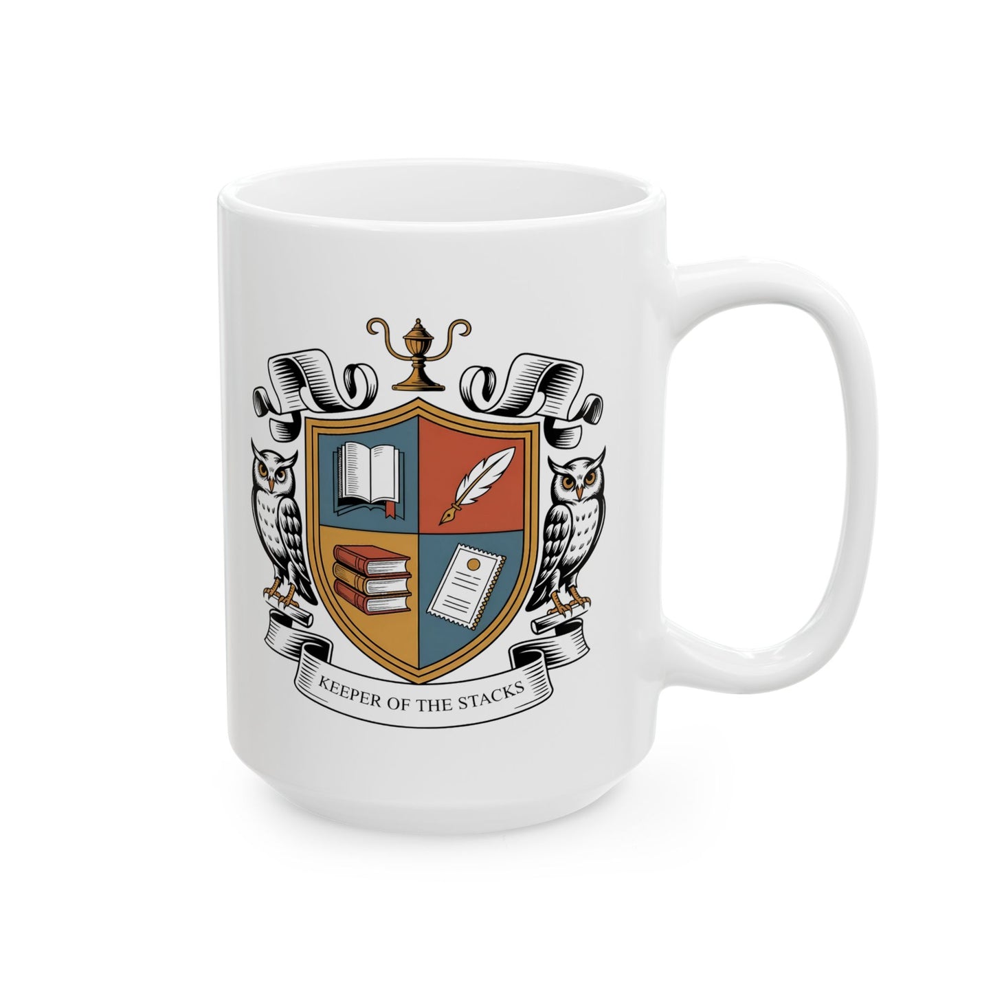 Keeper of the Stacks Librarian Crest Mug 15oz – Ceramic Coffee Mug for Librarians, Book Lovers, and Readers – Scholarly Owl Shield Design by Lair Gadgets