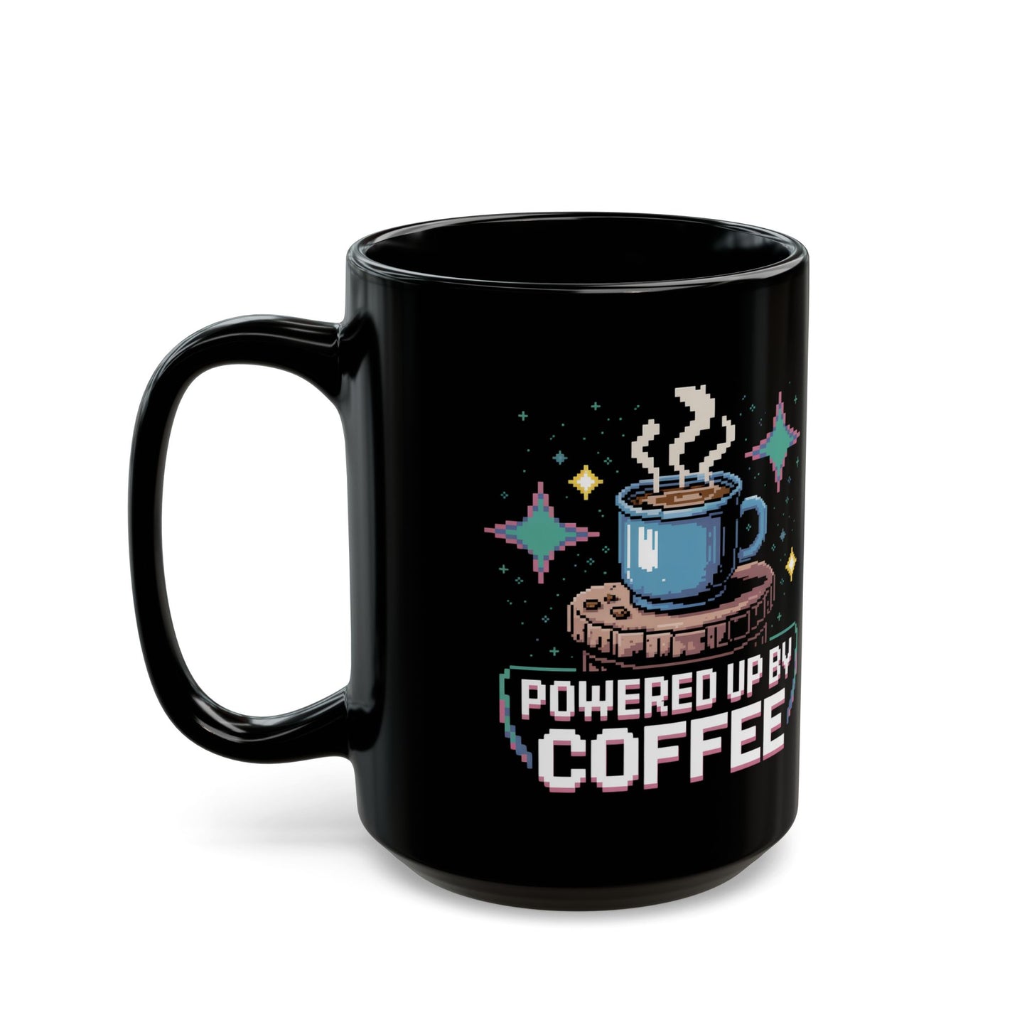 Coffee Lover's Black Mug, Powered Up by Coffee, Gift for Coffee Enthusiasts, Cozy Vibes, Fun Home Office Decor, Birthday Gift