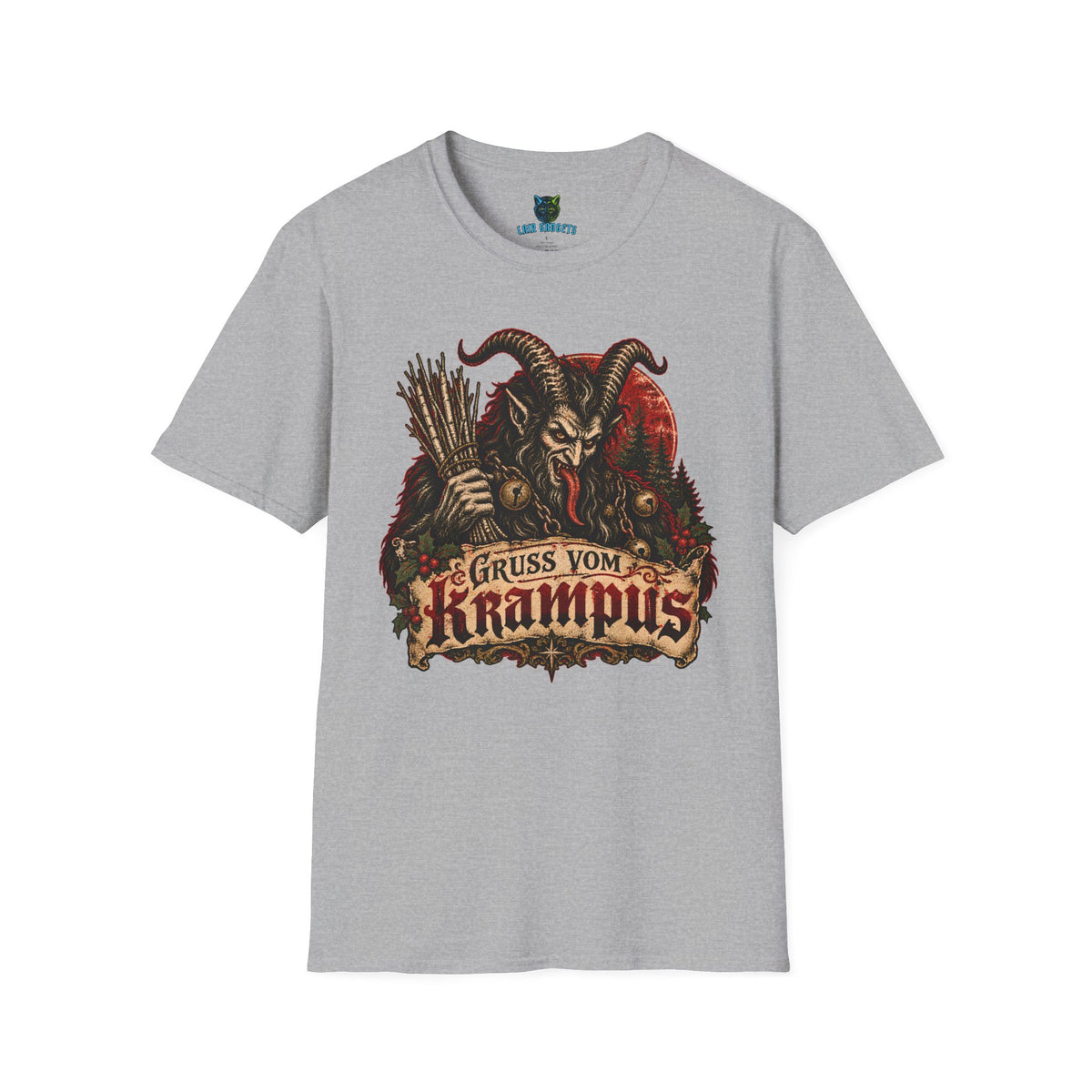 Gruss vom Krampus tee in Sport Grey: vintage Krampus with birch switches, chains and bells above a Gruss vom Krampus banner