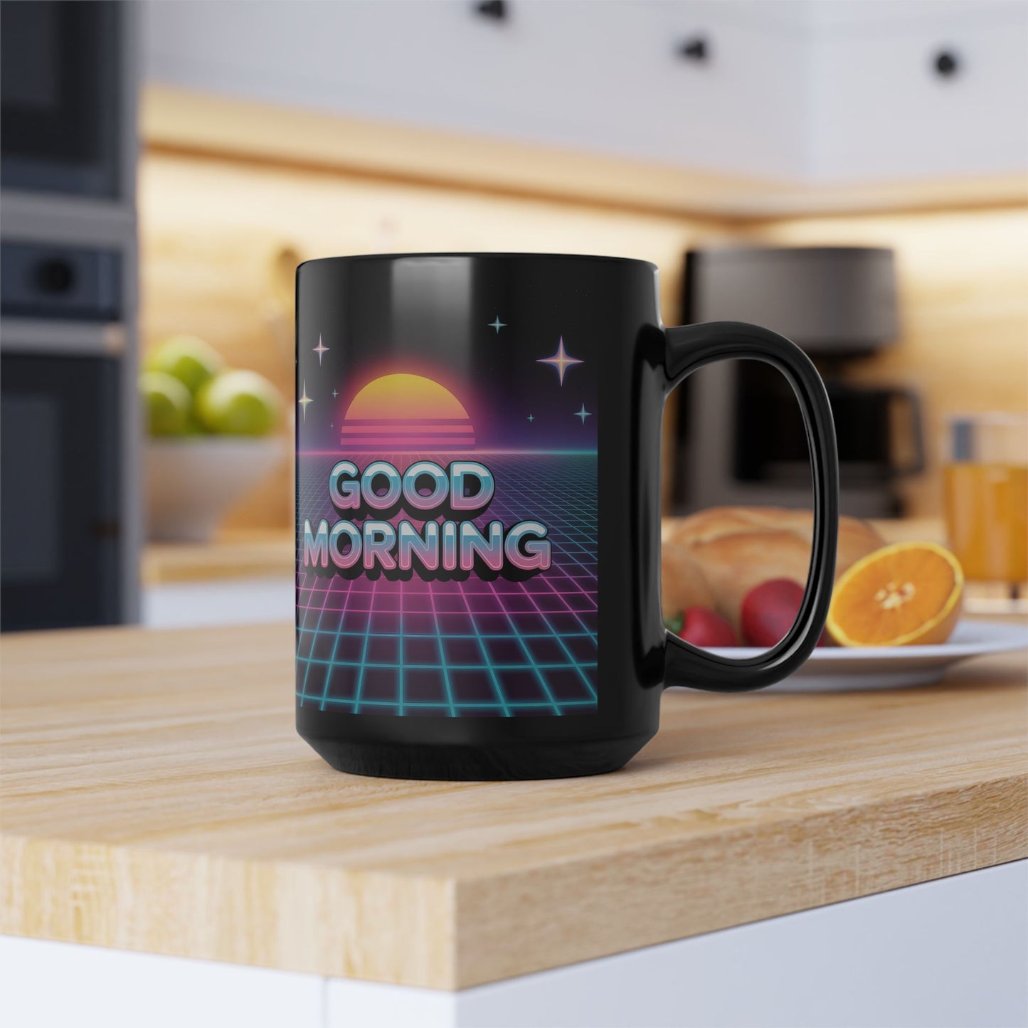 Retro Good Morning Mug - Black Coffee Cup, Gift for Coffee Lovers, 80s Aesthetic, Daily Motivation, Office Decor