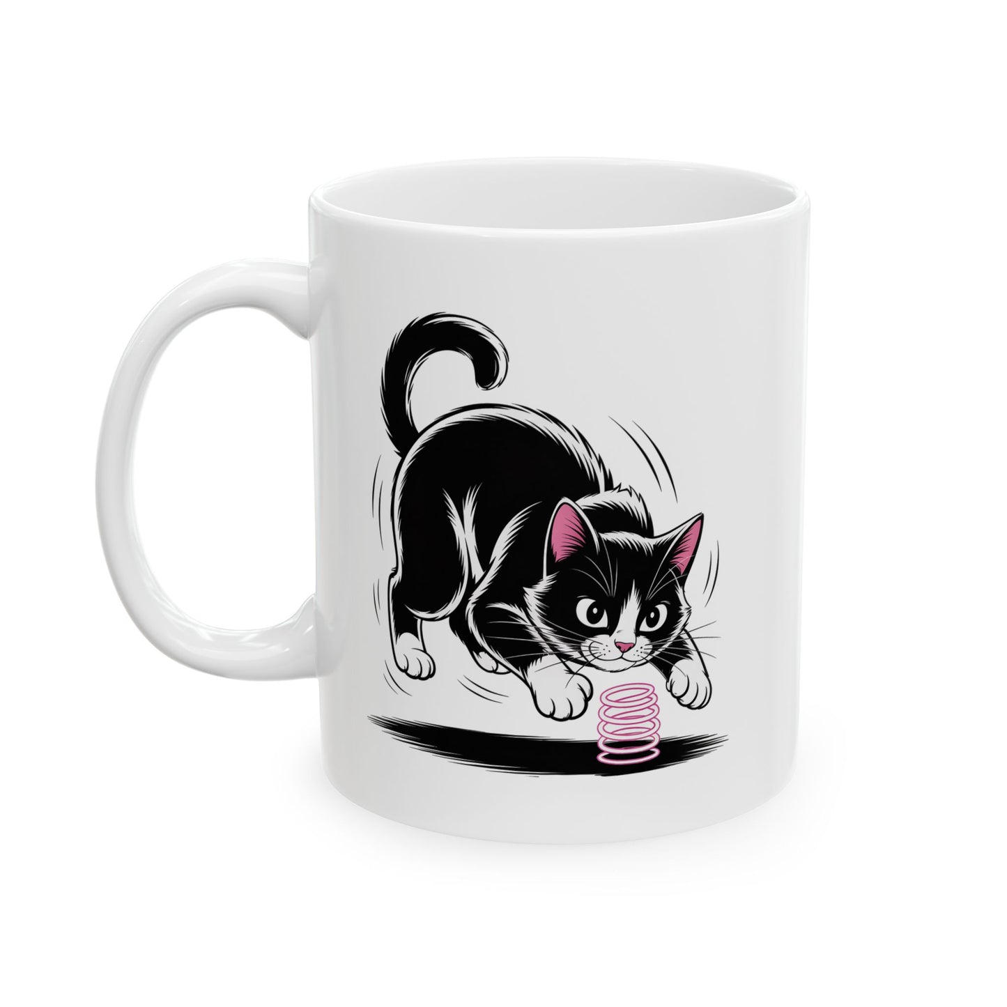 Cute Cat Coffee Mug Ceramic – Playful Tuxedo Kitten with Spring Toy Design – Cat Lover Gift