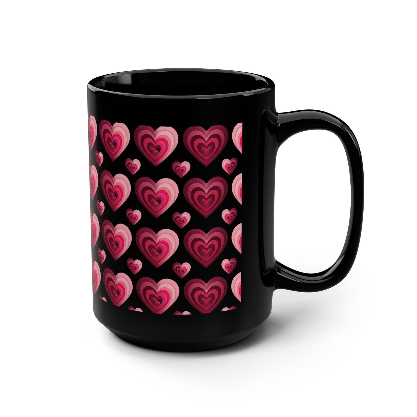 15oz Black Mug — Pink Layered Hearts Pattern - Score 84