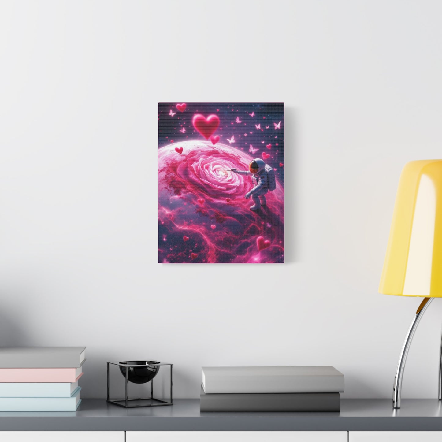 Cosmic Love Matte Canvas, Vibrant Astronaut with Rose Art for Romantic Home Decor, Perfect Valentine’s Day Gift