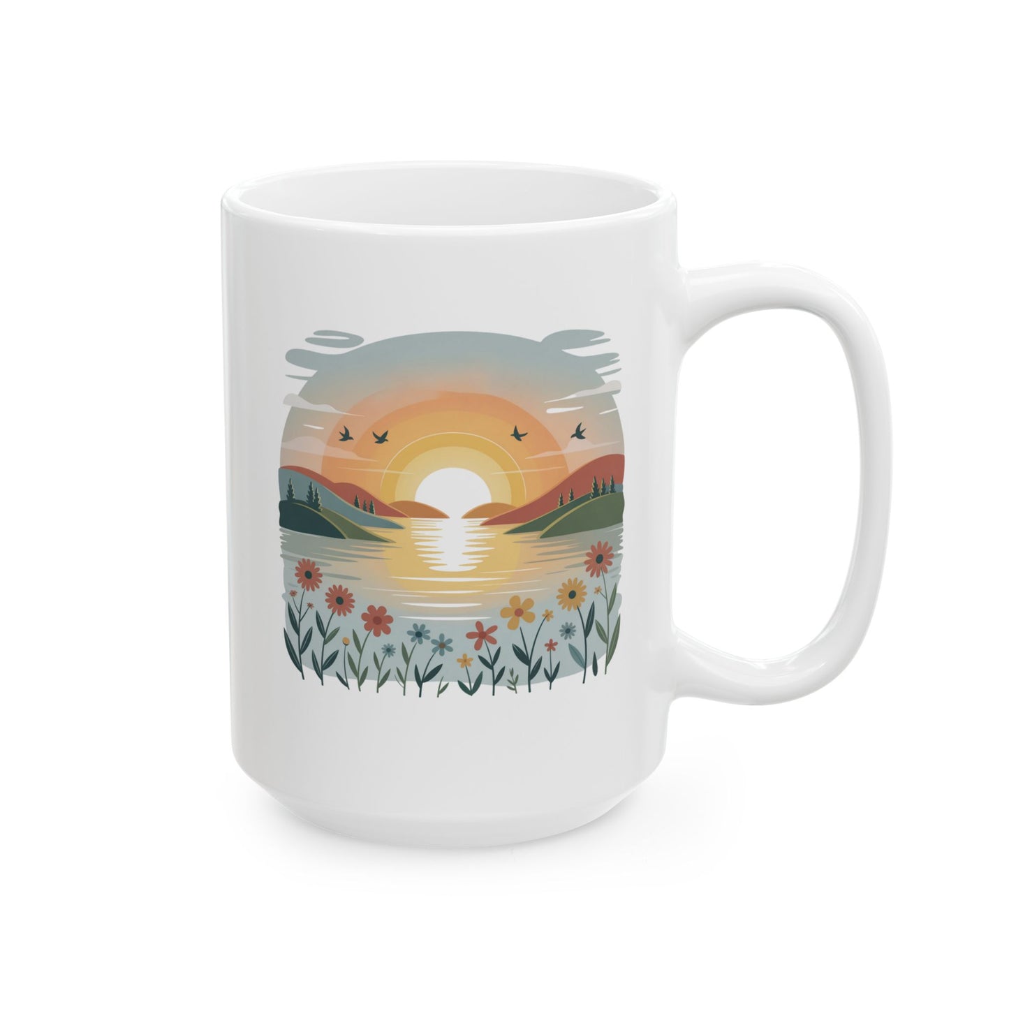 Sunrise Landscape Ceramic Coffee Mug 15 oz – Calm Nature Illustration for Mindfulness, Therapy Office, and Daily Self Care Rituals by Lair Gadgets