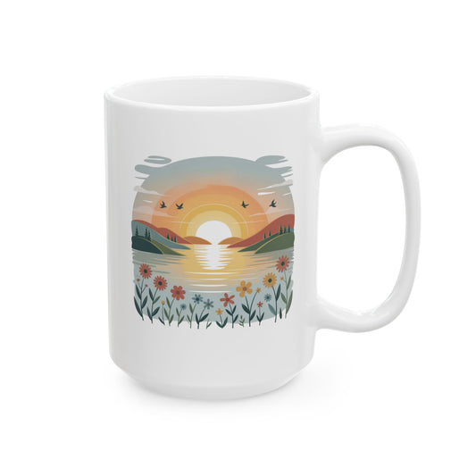Sunrise Landscape Ceramic Coffee Mug 15 oz – Calm Nature Illustration for Mindfulness, Therapy Office, and Daily Self Care Rituals by Lair Gadgets
