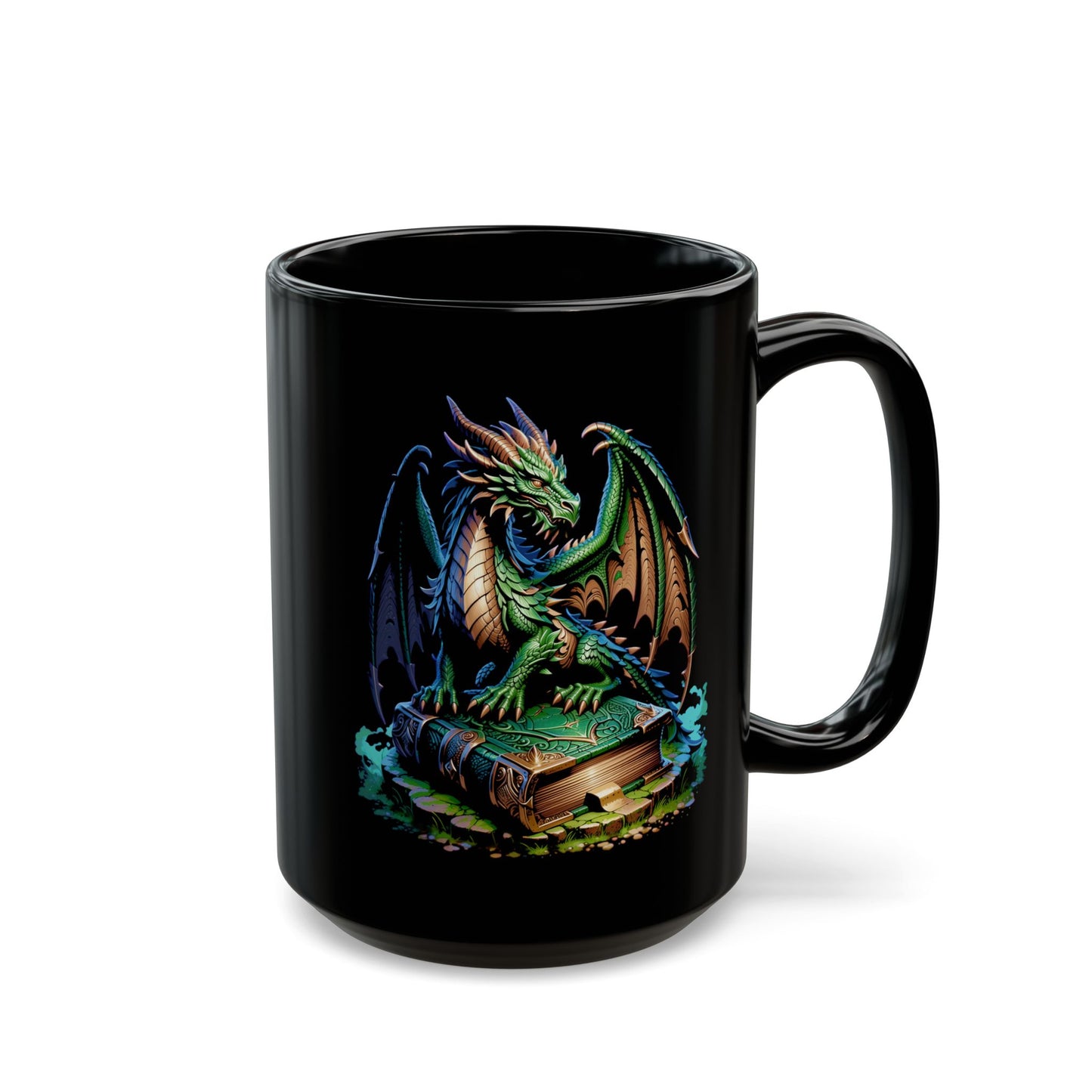 Green Dragon Guarding Book Black Mug (11oz, 15oz)
