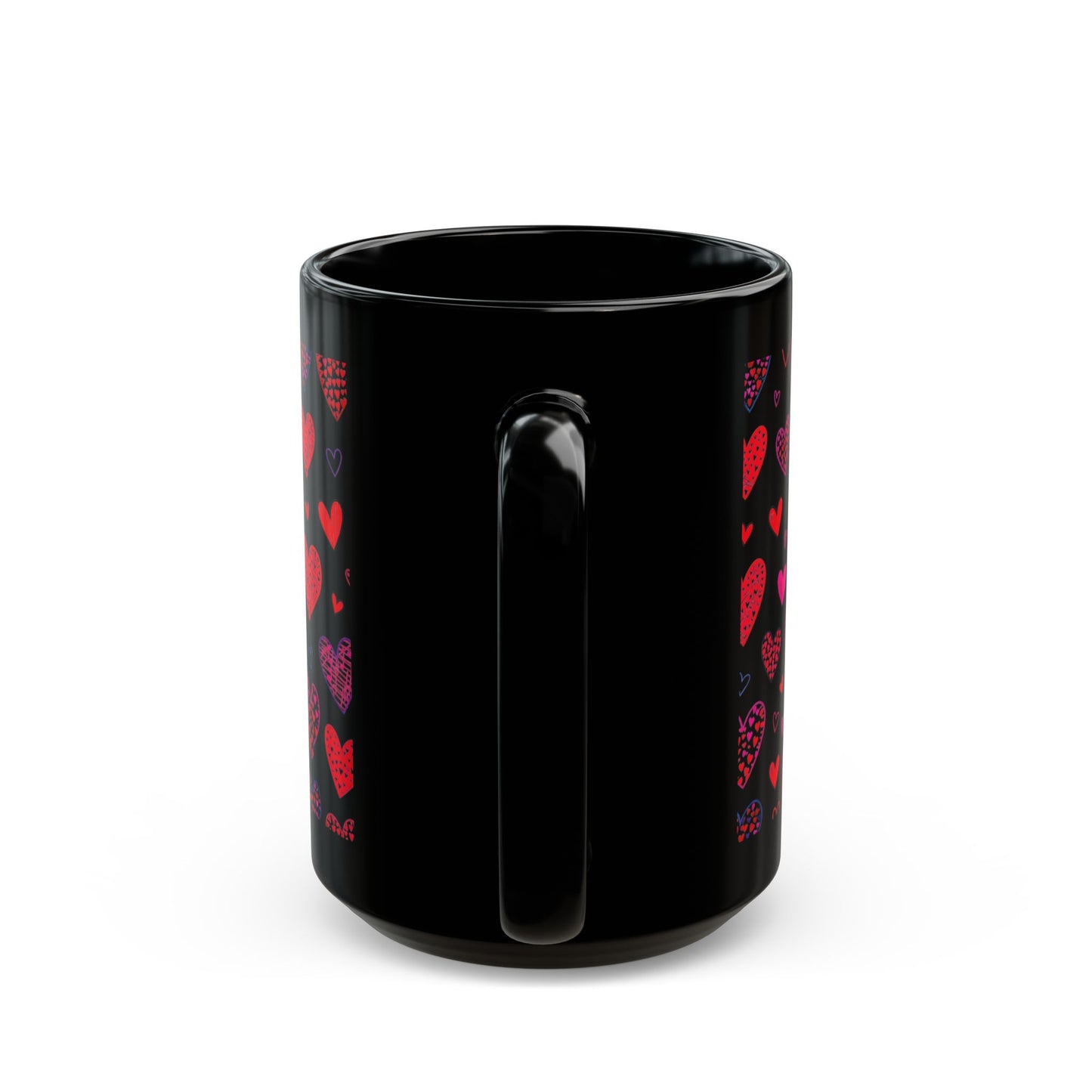 Heart Pattern Coffee Mug – Red and Pink Love Design on Black 15oz Ceramic Cup by Lair Gadgets Black Mug (15oz)