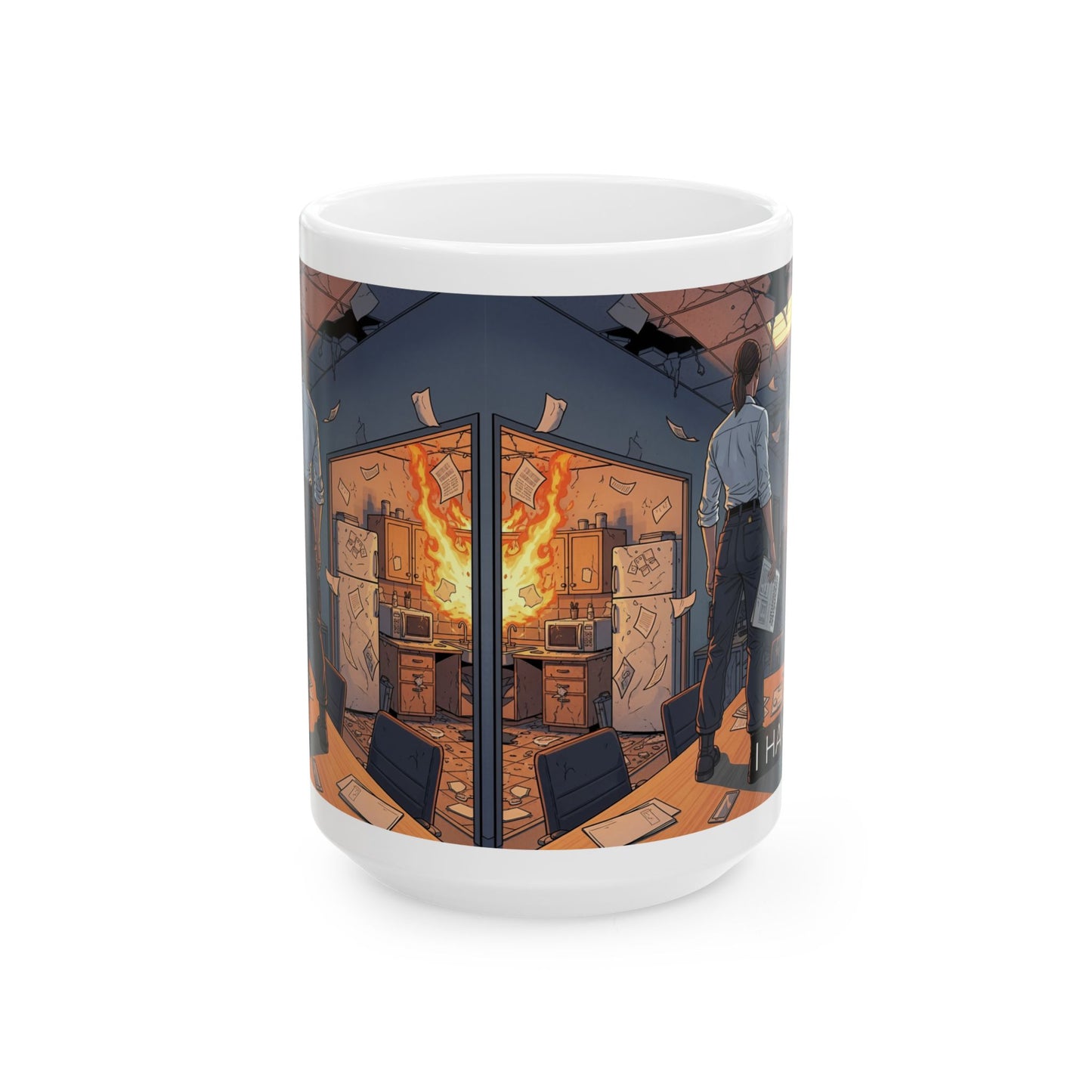 Office Inferno Ceramic Mug — Surreal Burned Filing Room Coffee Cup (15oz)