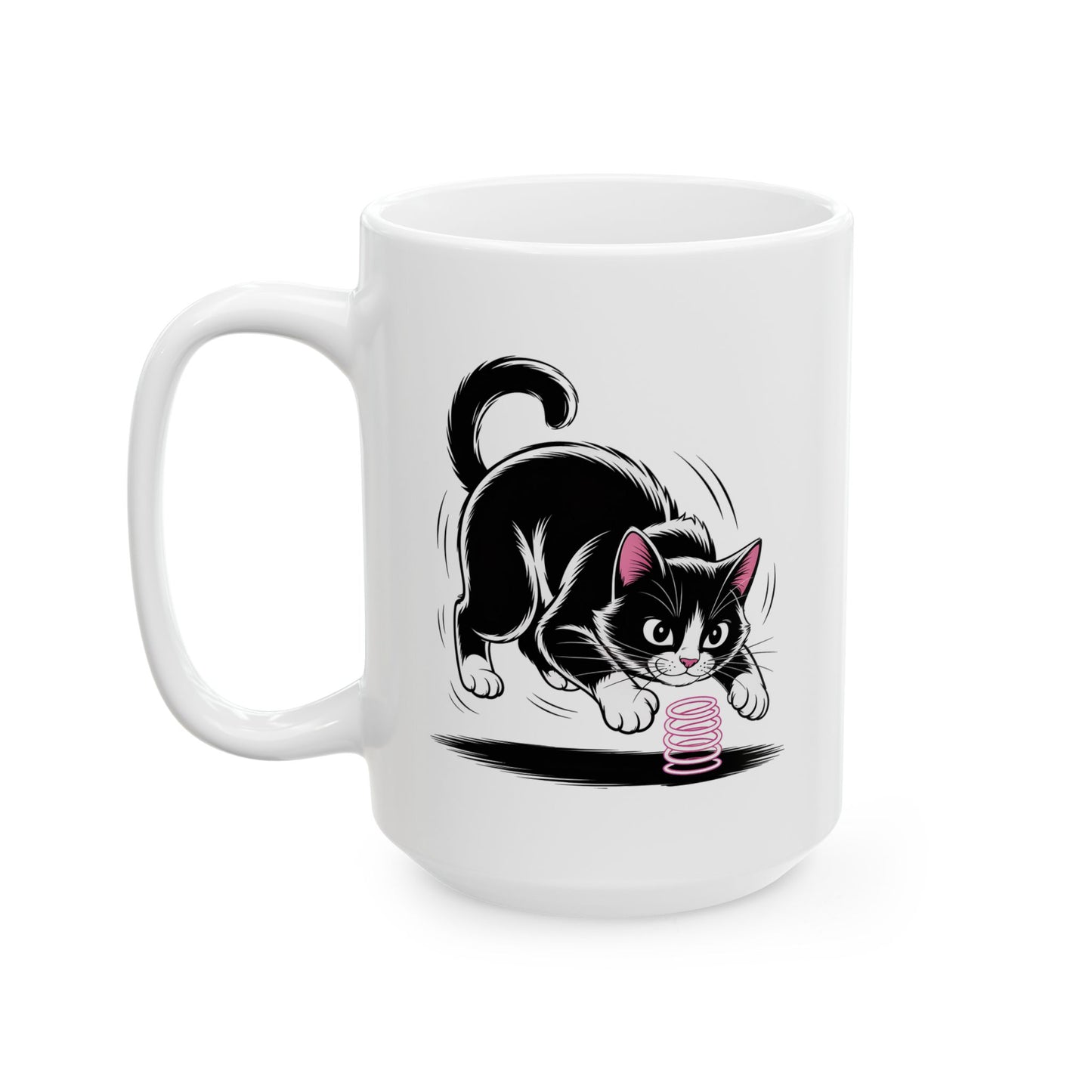 Cute Cat Coffee Mug Ceramic – Playful Tuxedo Kitten with Spring Toy Design – Cat Lover Gift