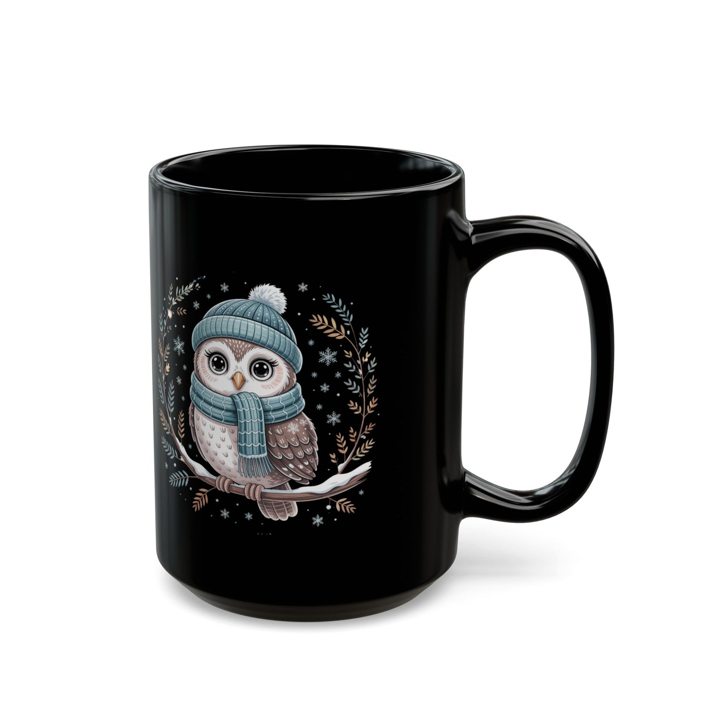 Winter Wisdom Owl Mug by Lair Gadgets – 15 oz Black Ceramic Coffee Cup with Cozy Snowy Owl and Scarf Design