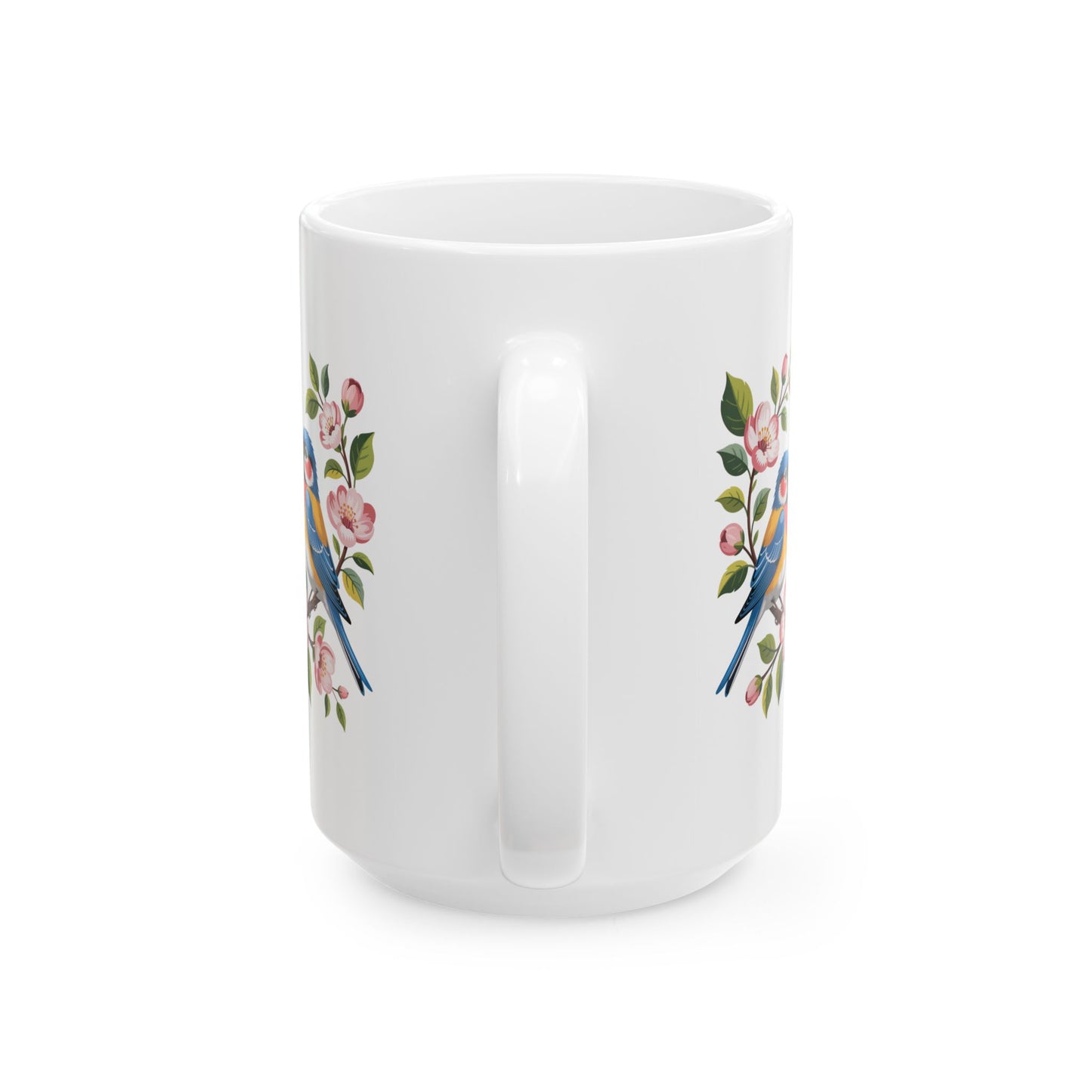 Bird Coffee Mug with Floral Illustration Design, Colorful Songbird Artwork, 15 oz White Ceramic Mug for Home or Office Use — by Lair Gadgets
