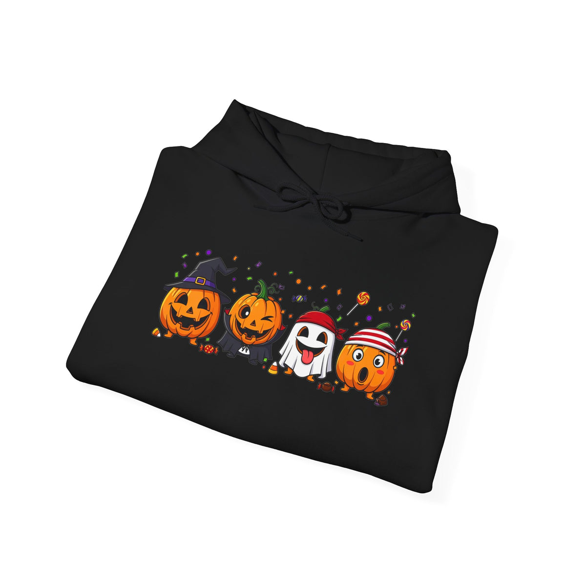Costumed Pumpkin Friends Halloween Hoodie – Unisex Pullover Sweatshirt